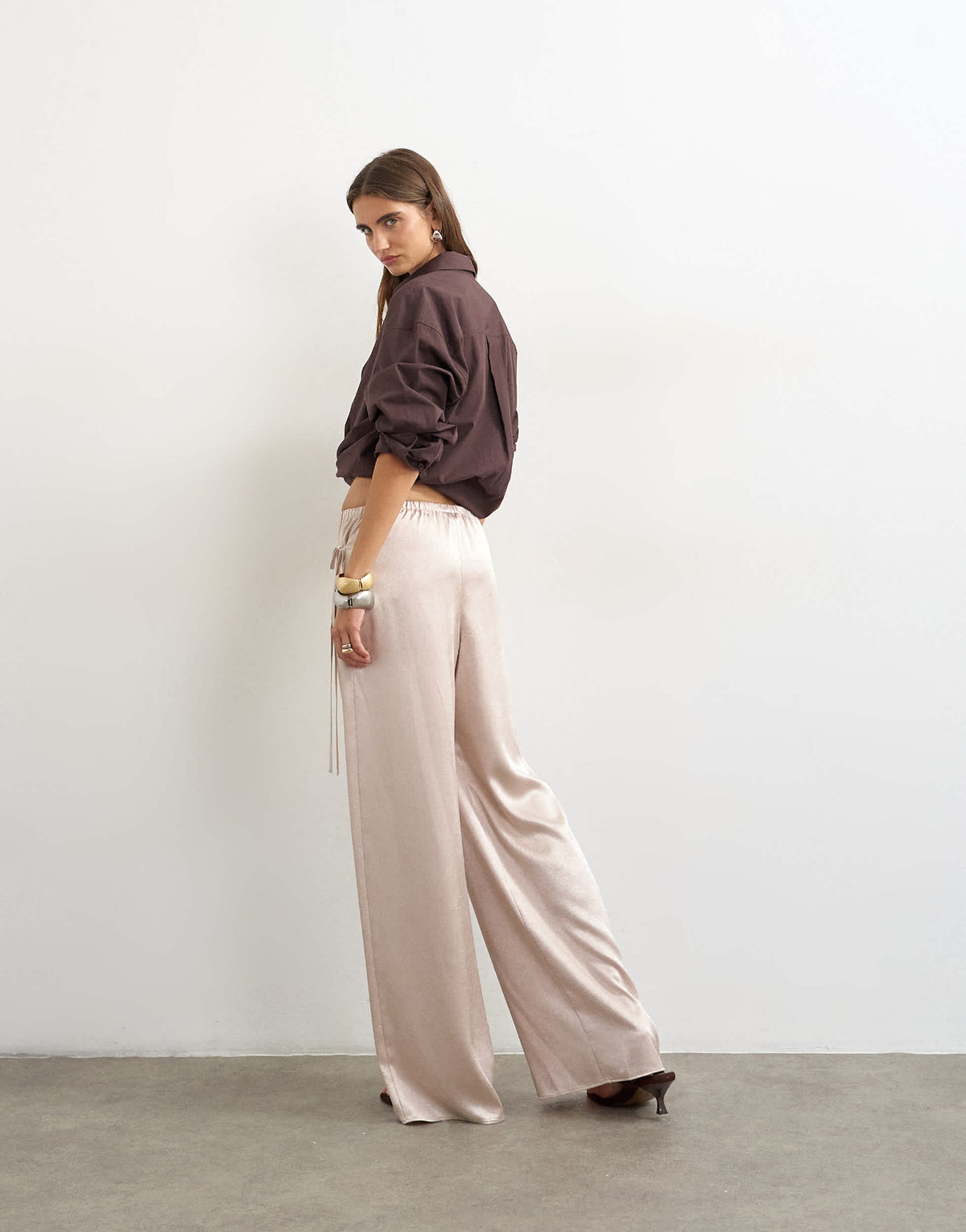 Topshop satin wrap around lace detail trouser in oyster