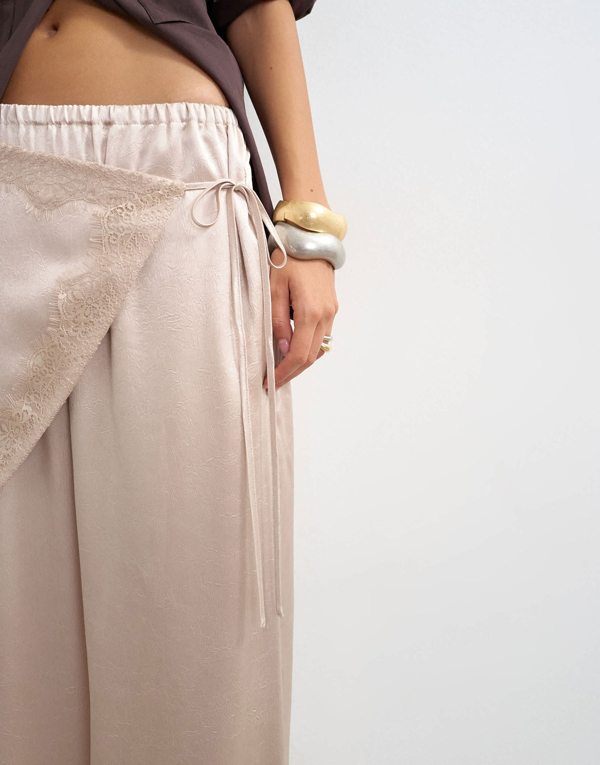 Topshop satin wrap around lace detail trouser in oyster