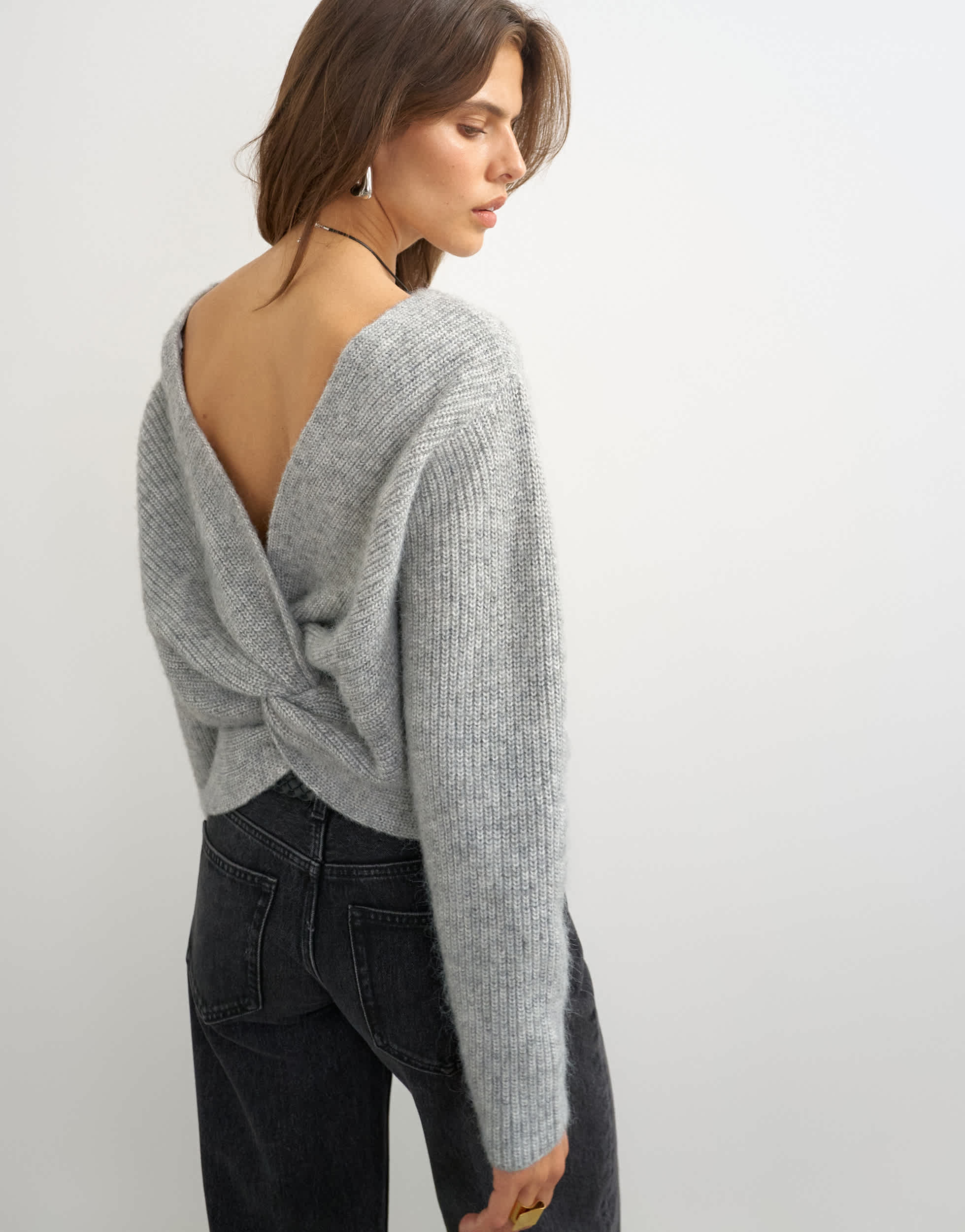 Topshop knitted knot back detail jumper with wool in light grey