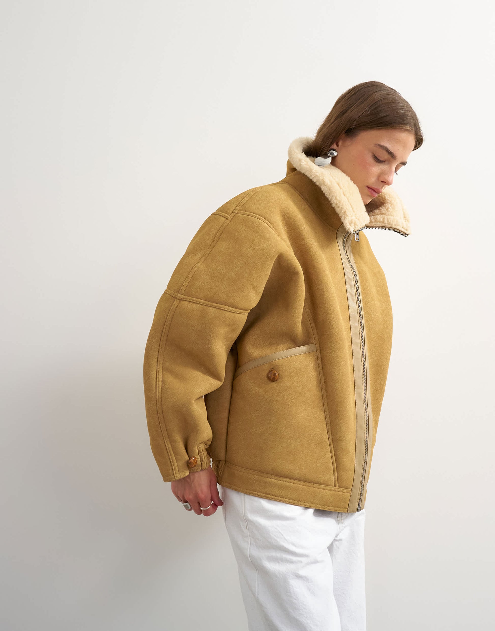 Topshop ovoid shearling jacket in tan