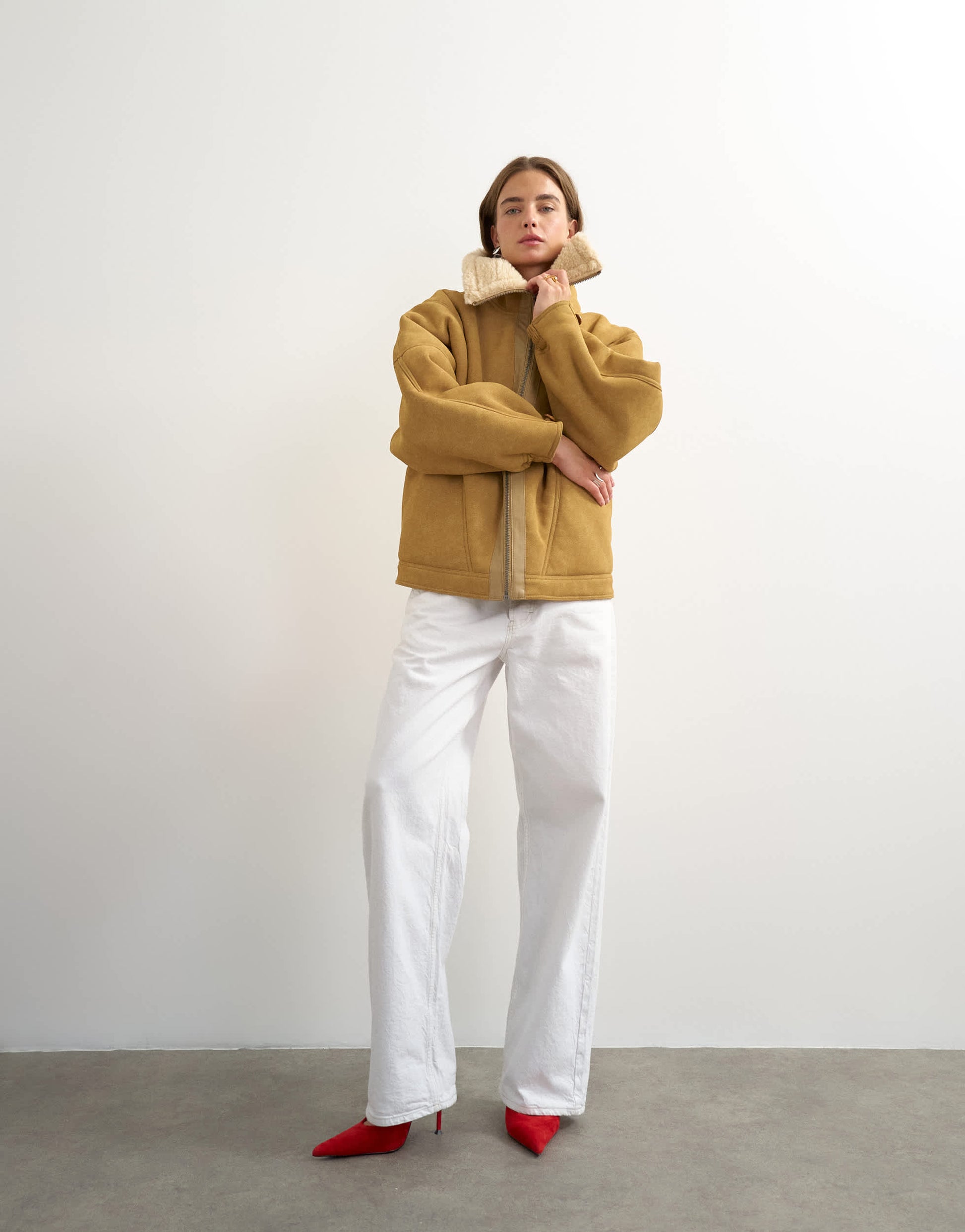 Topshop ovoid shearling jacket in tan