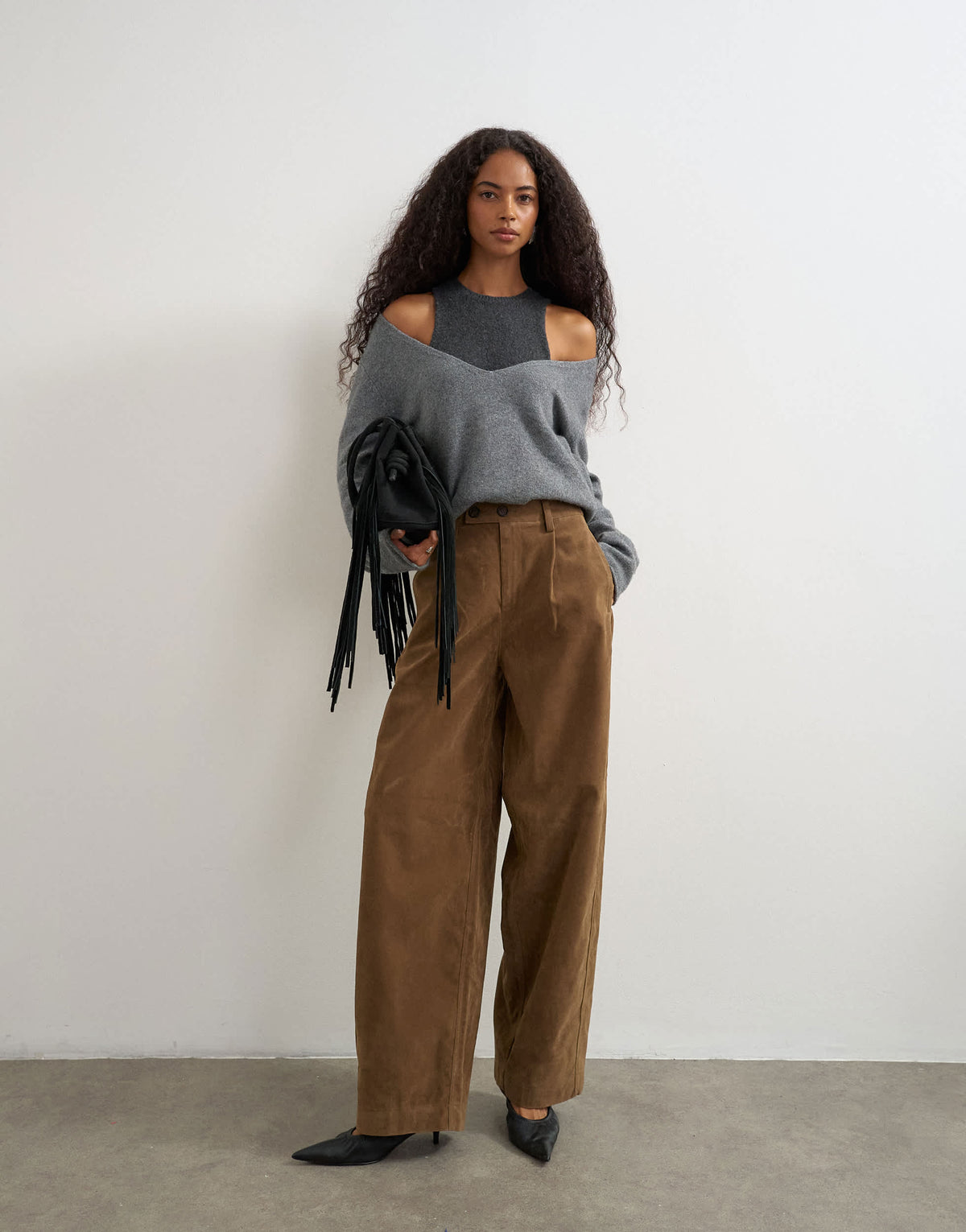 Topshop faux suede barrel leg trouser in choc