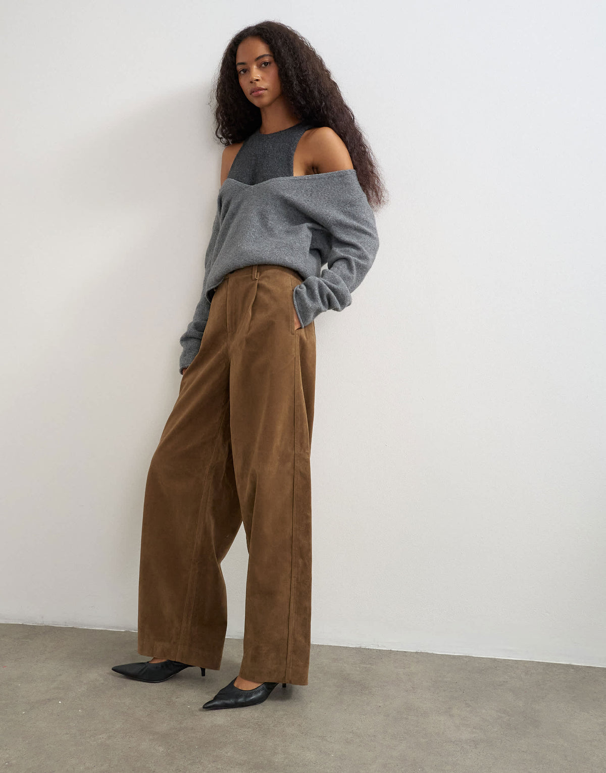 Topshop faux suede barrel leg trouser in choc
