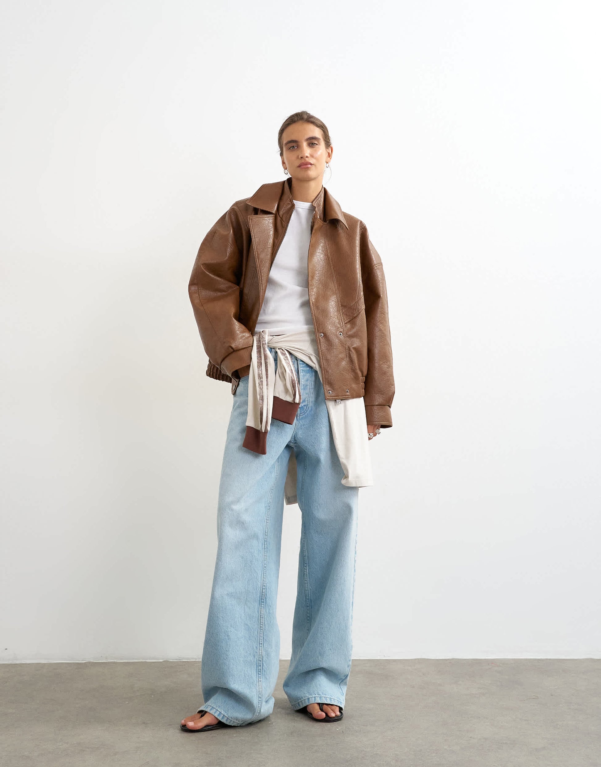 Topshop faux leather seam detail bomber jacket in tan