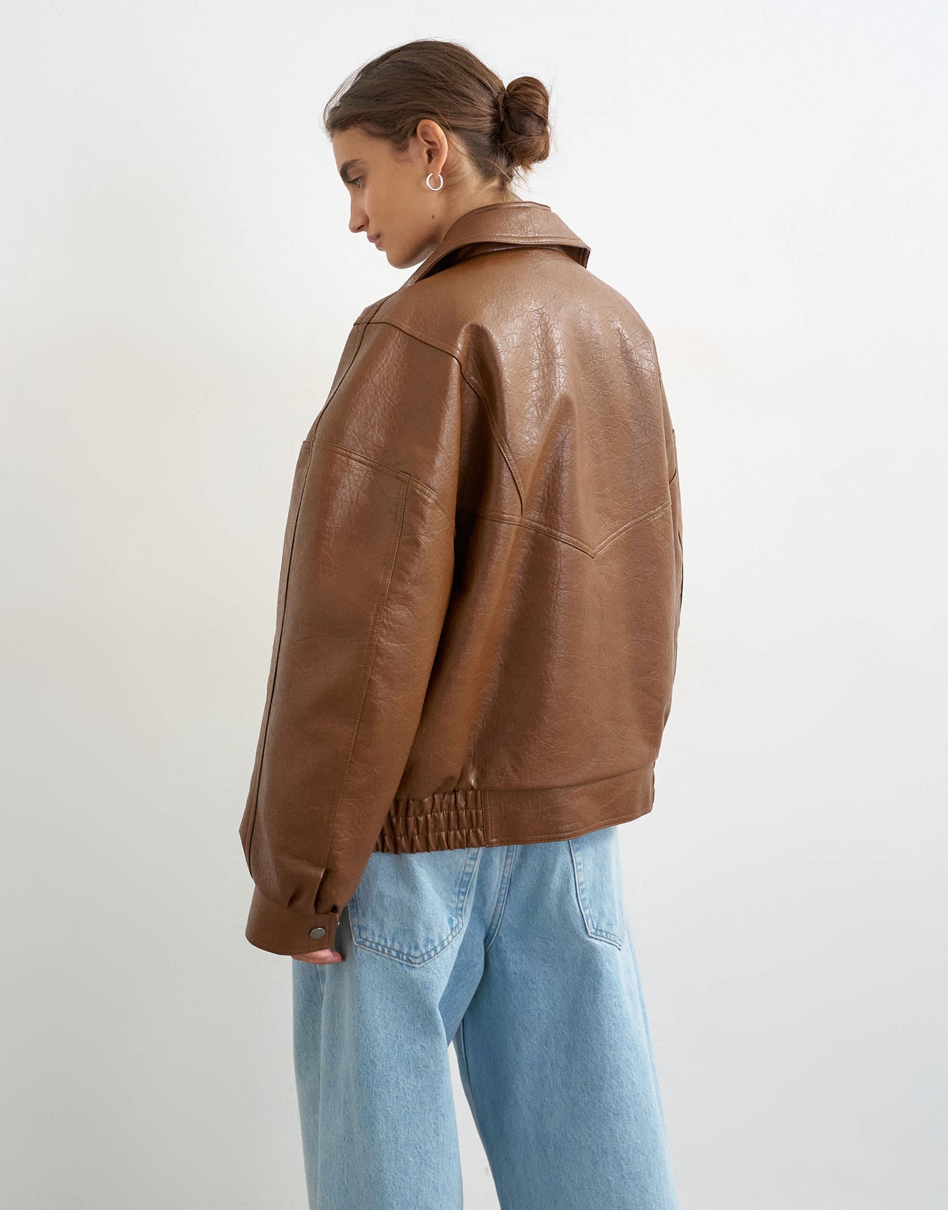 Topshop faux leather seam detail bomber jacket in tan