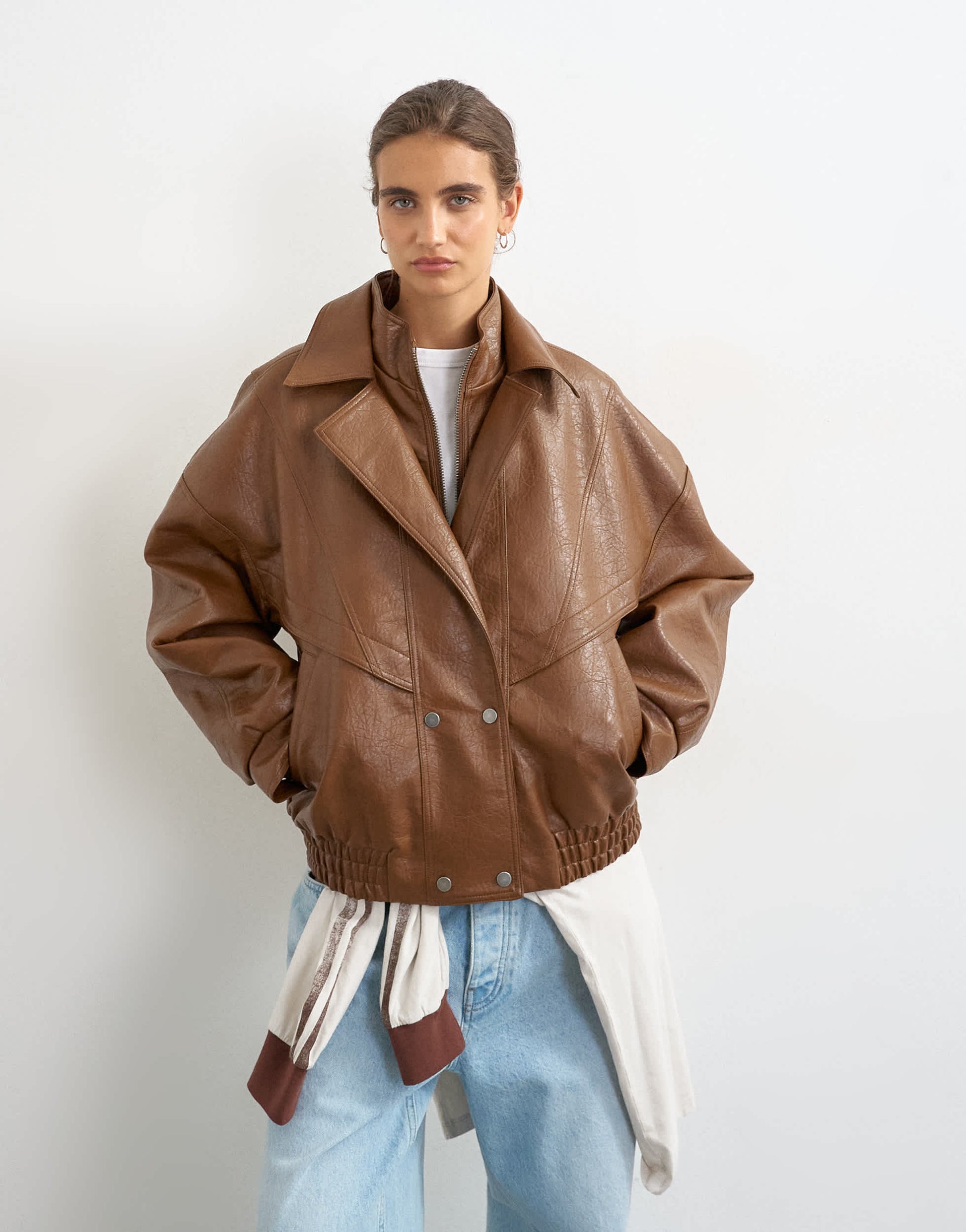 Topshop faux leather seam detail bomber jacket in tan