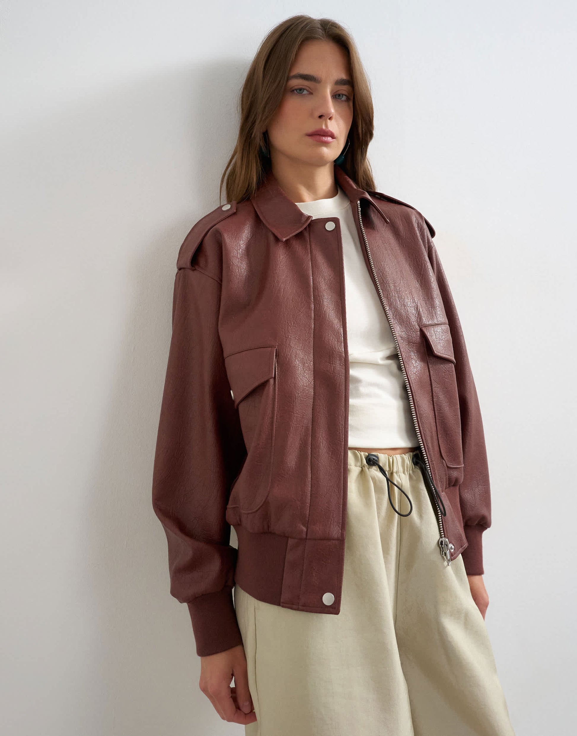 Topshop faux leather bomber jacket in burgundy