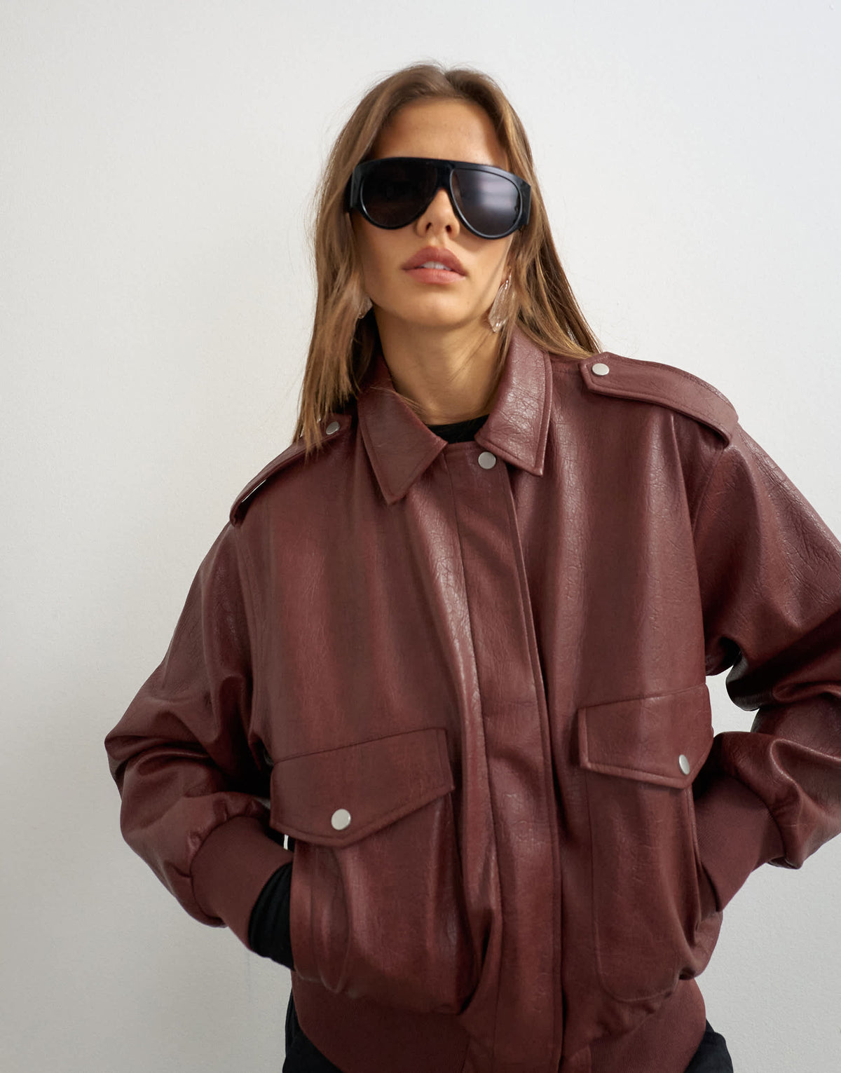 Topshop faux leather bomber jacket in burgundy