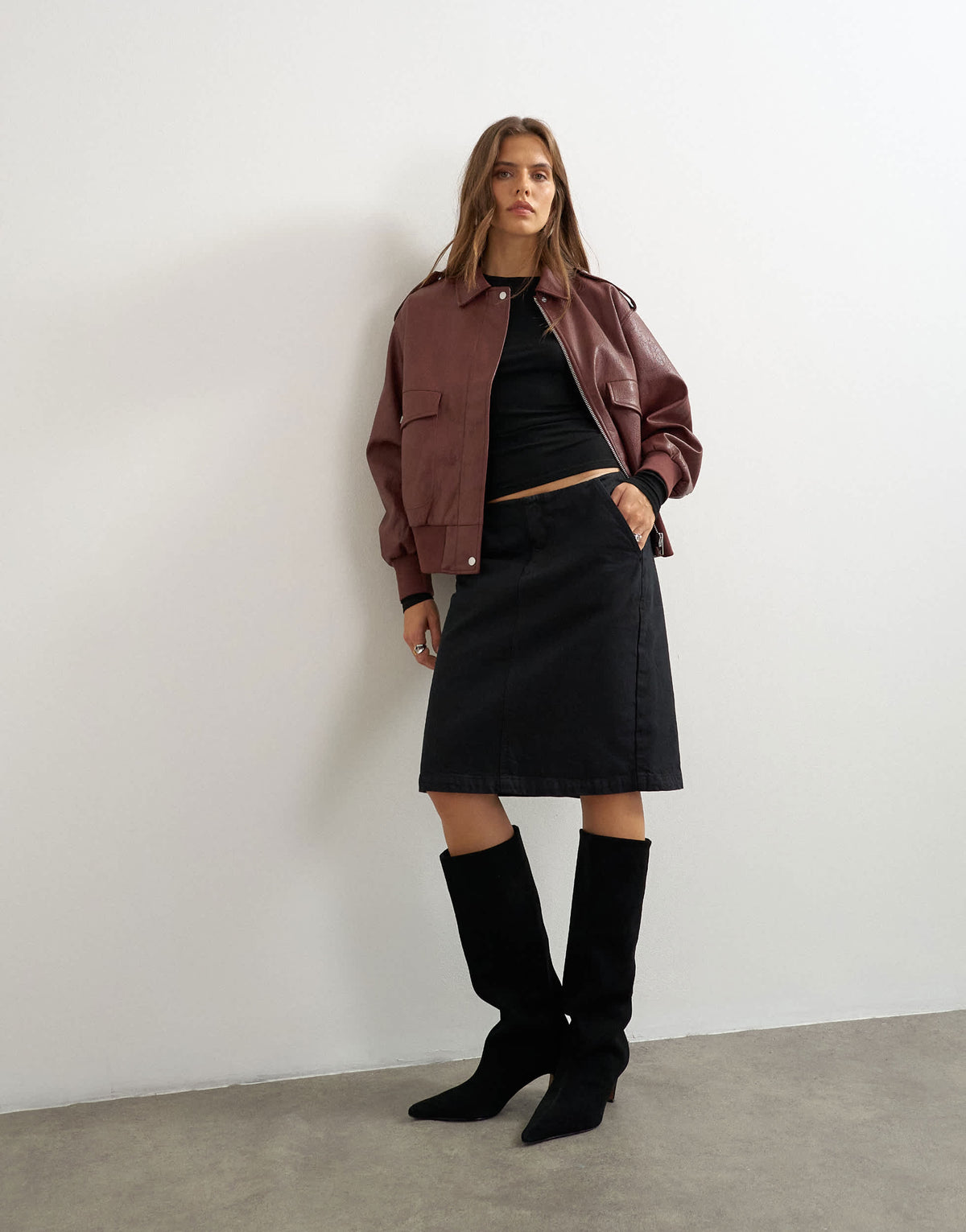 Topshop faux leather bomber jacket in burgundy