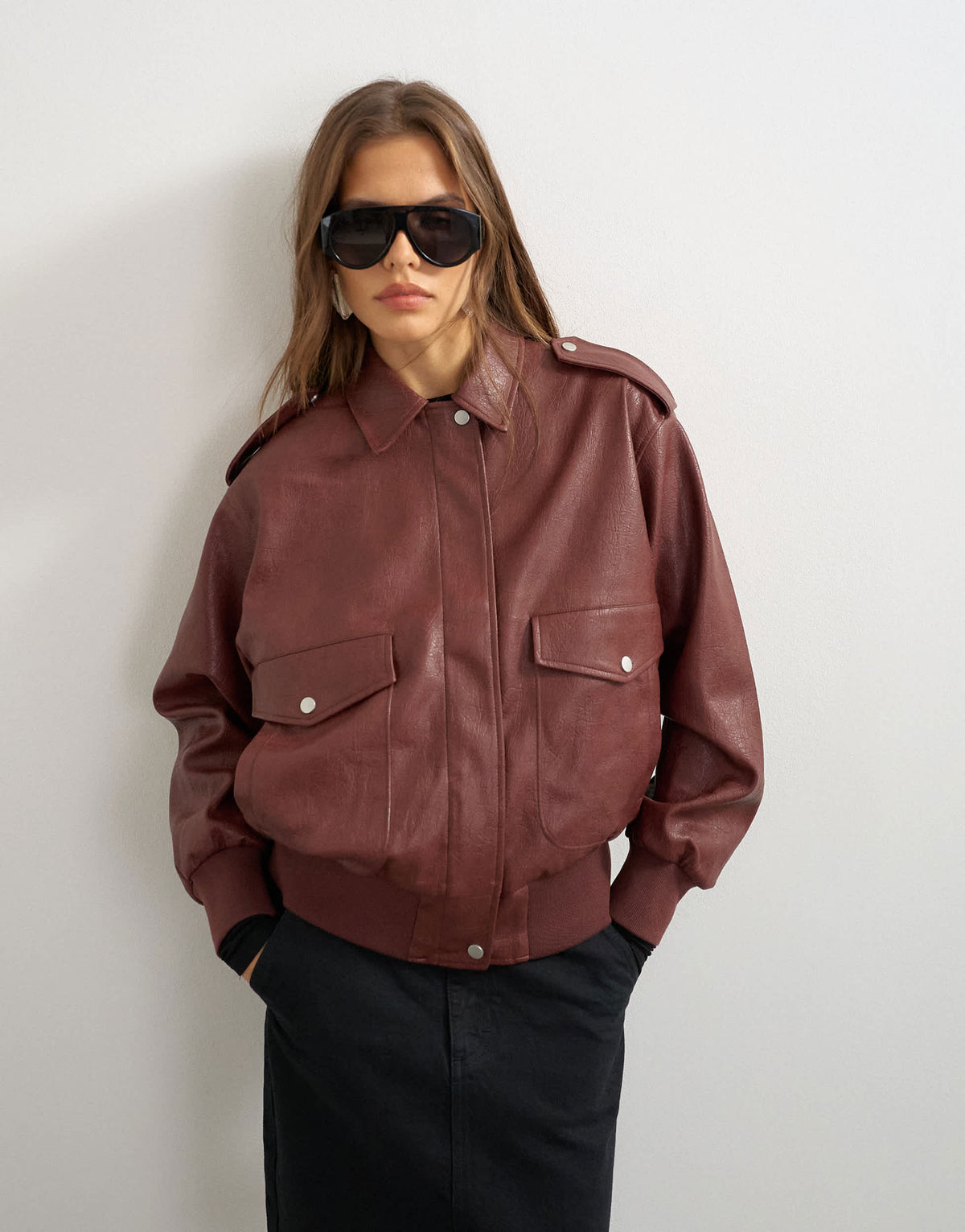 Topshop faux leather bomber jacket in burgundy