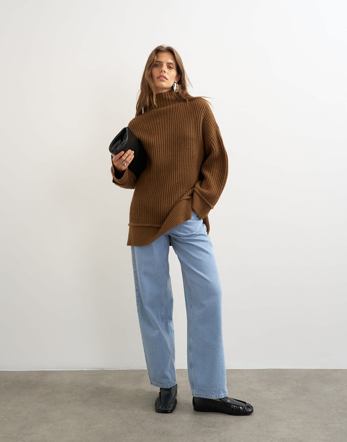 Topshop knitted high neck roll seam detail oversized jumper with wool in pecan