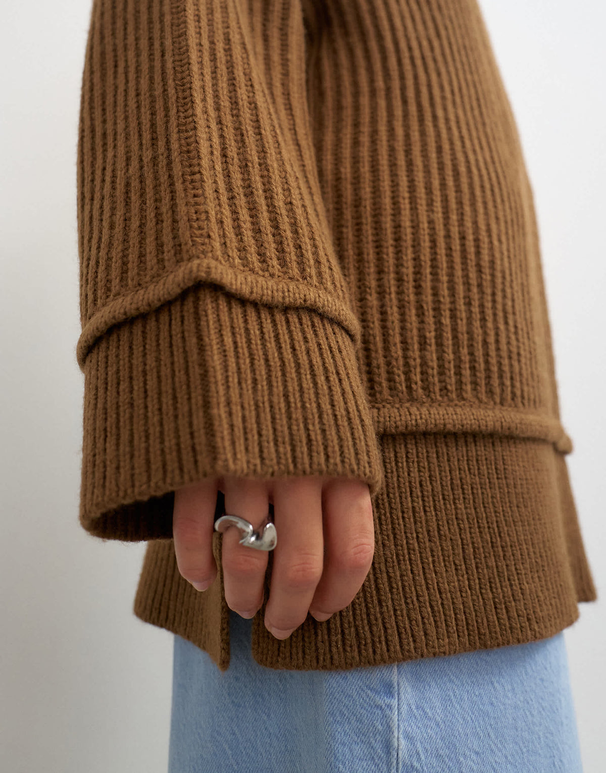 Topshop knitted high neck roll seam detail oversized jumper with wool in pecan