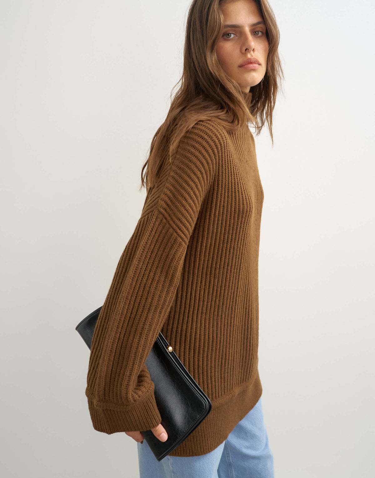Topshop knitted high neck roll seam detail oversized jumper with wool in pecan