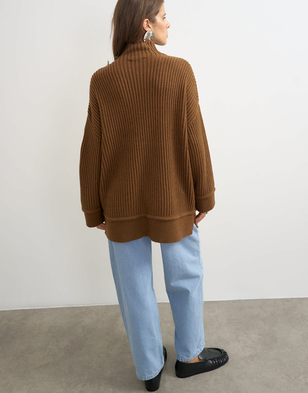 Topshop knitted high neck roll seam detail oversized jumper with wool in pecan