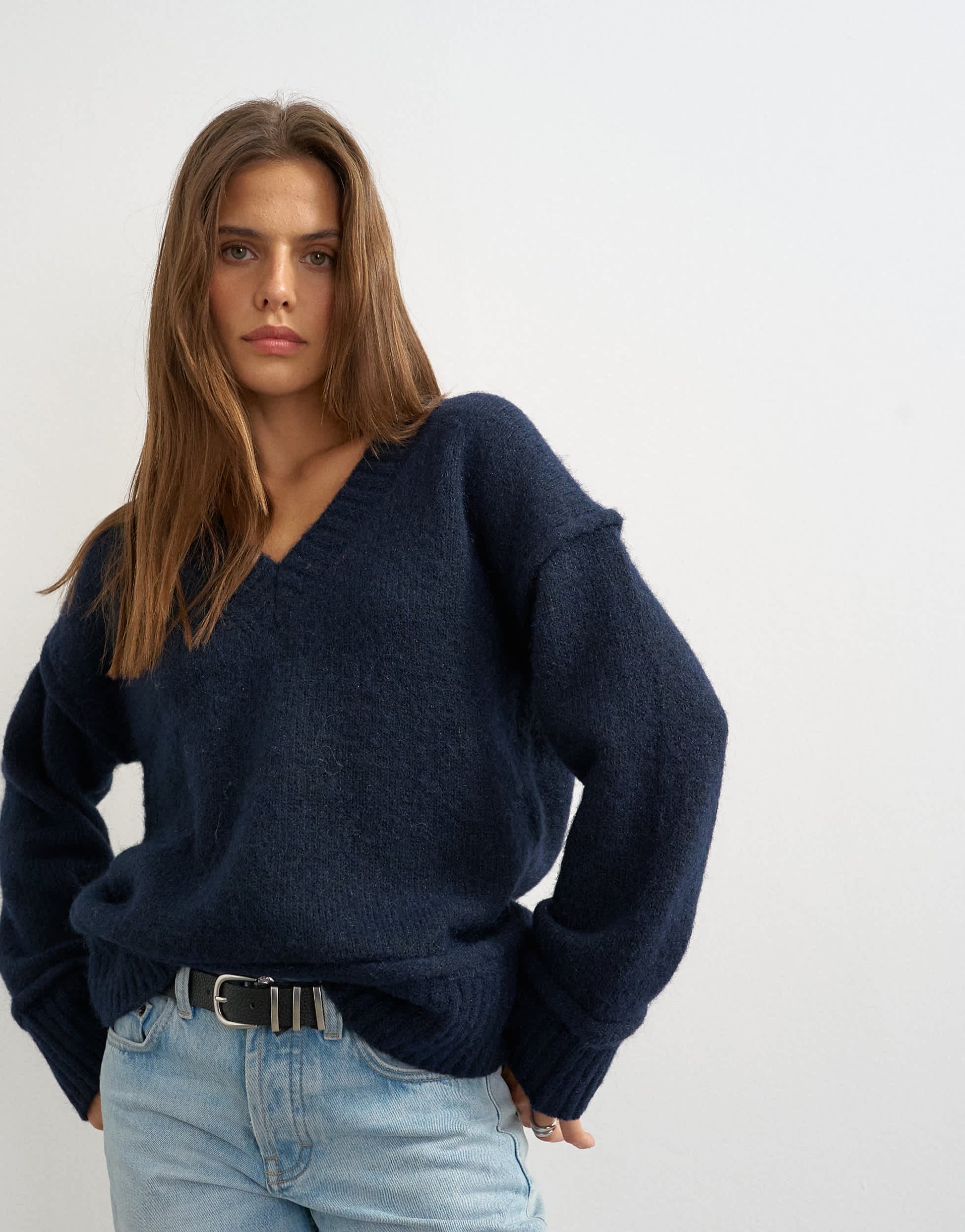 Topshop knitted v neck slouchy roll seam detail jumper with wool in midnight