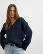 Topshop knitted v neck slouchy roll seam detail jumper with wool in midnight