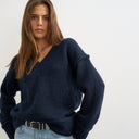 Topshop knitted v neck slouchy roll seam detail jumper with wool in midnight