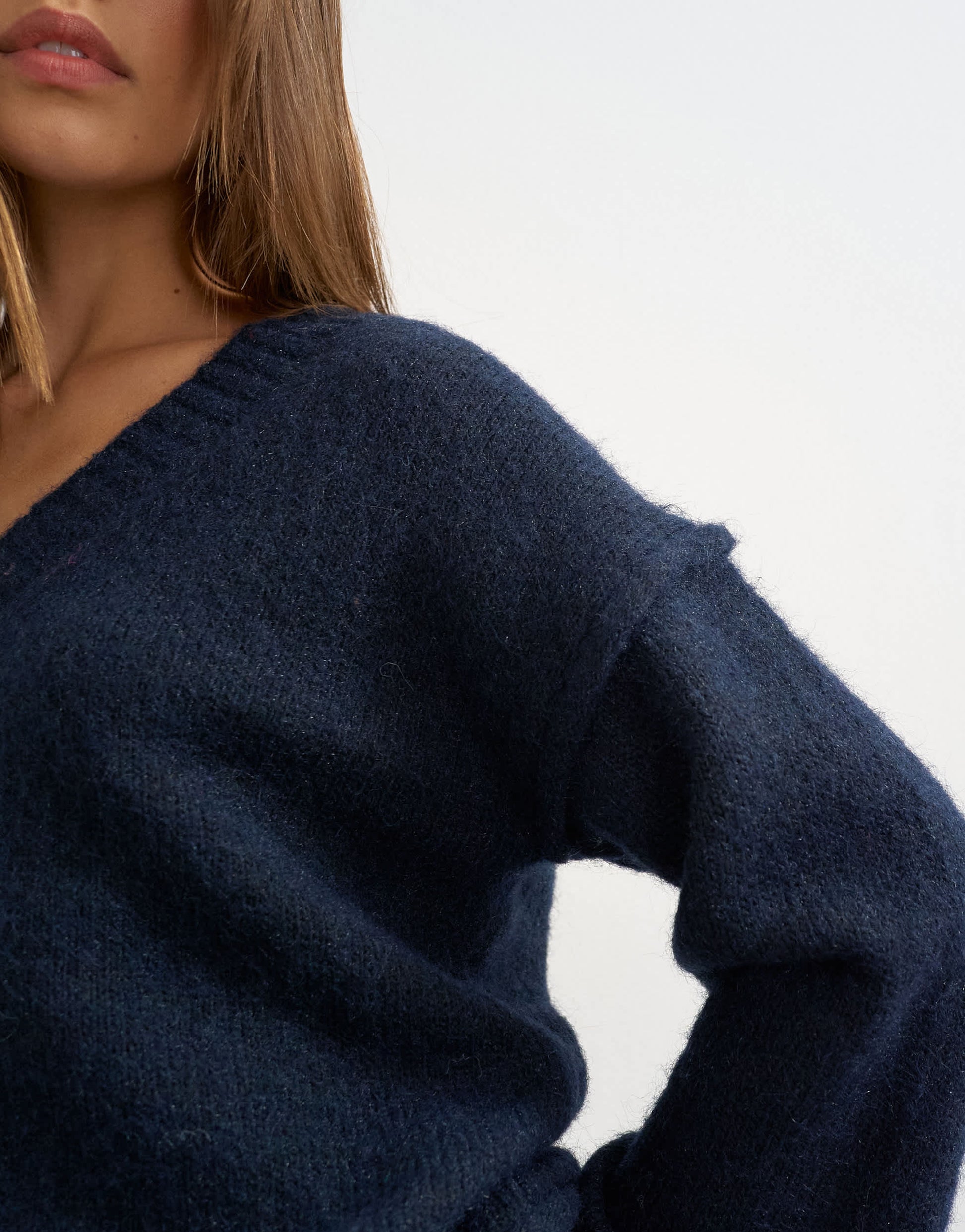 Topshop knitted v neck slouchy roll seam detail jumper with wool in midnight