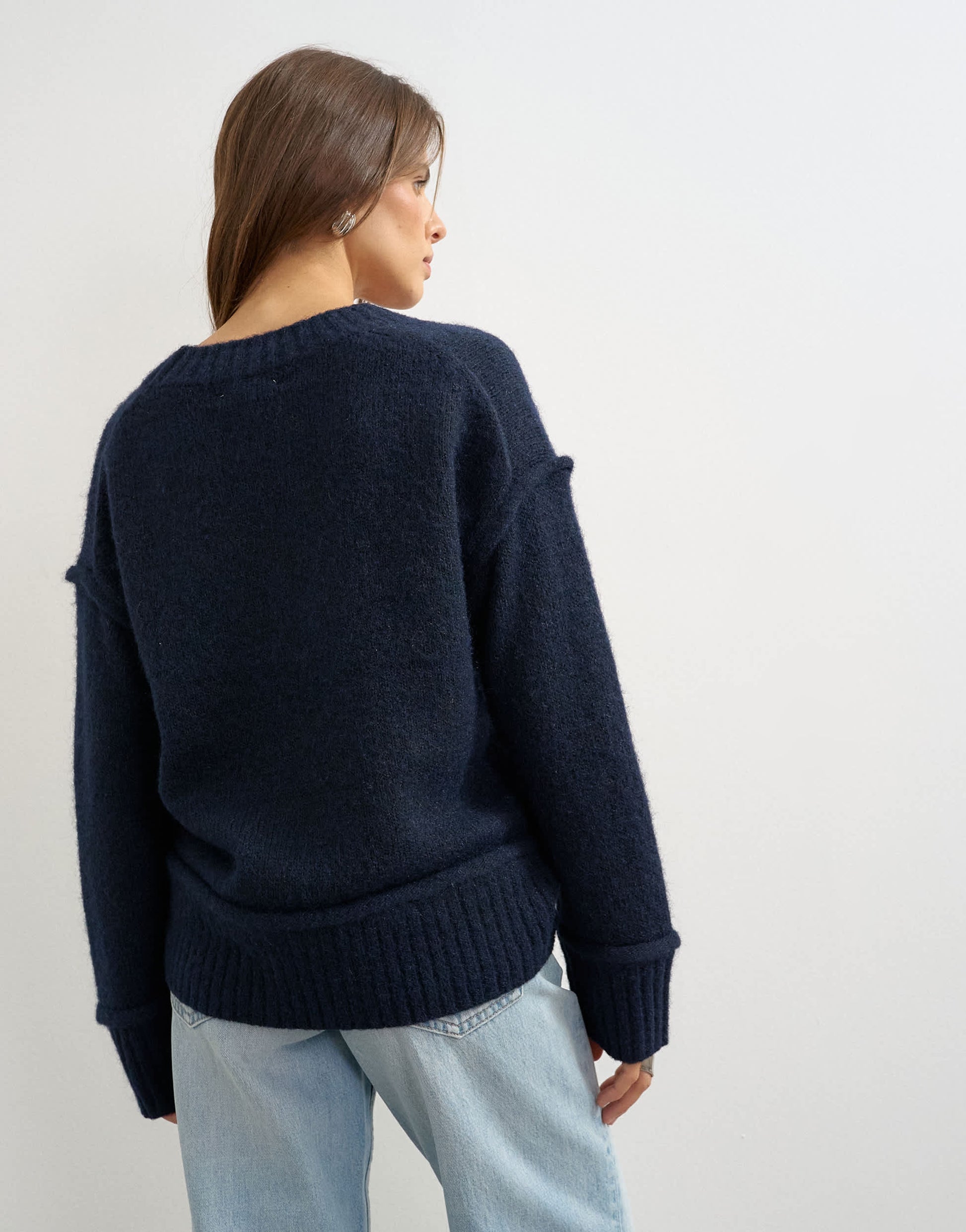 Topshop knitted v neck slouchy roll seam detail jumper with wool in midnight