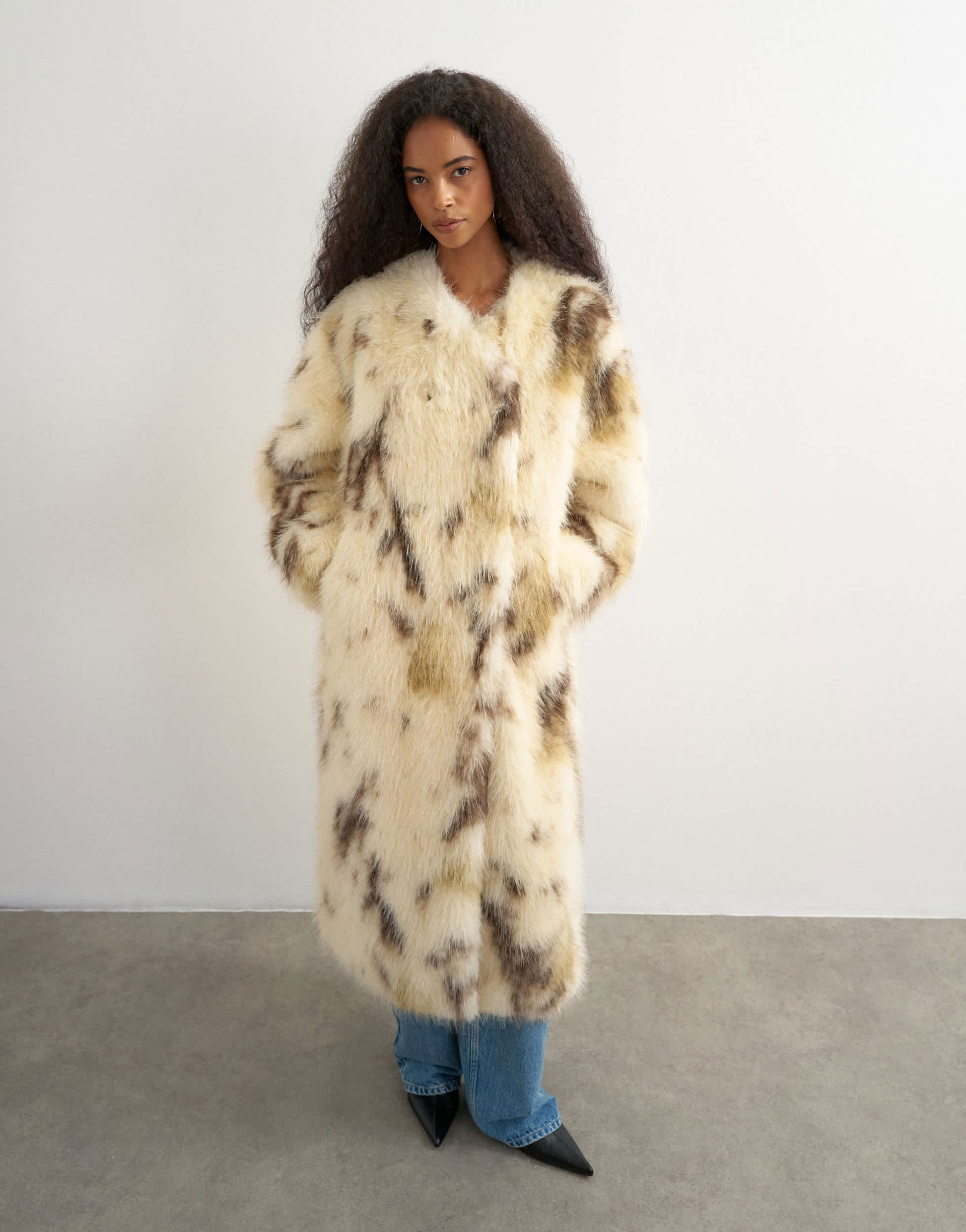 Topshop longline faux fur coat in cow