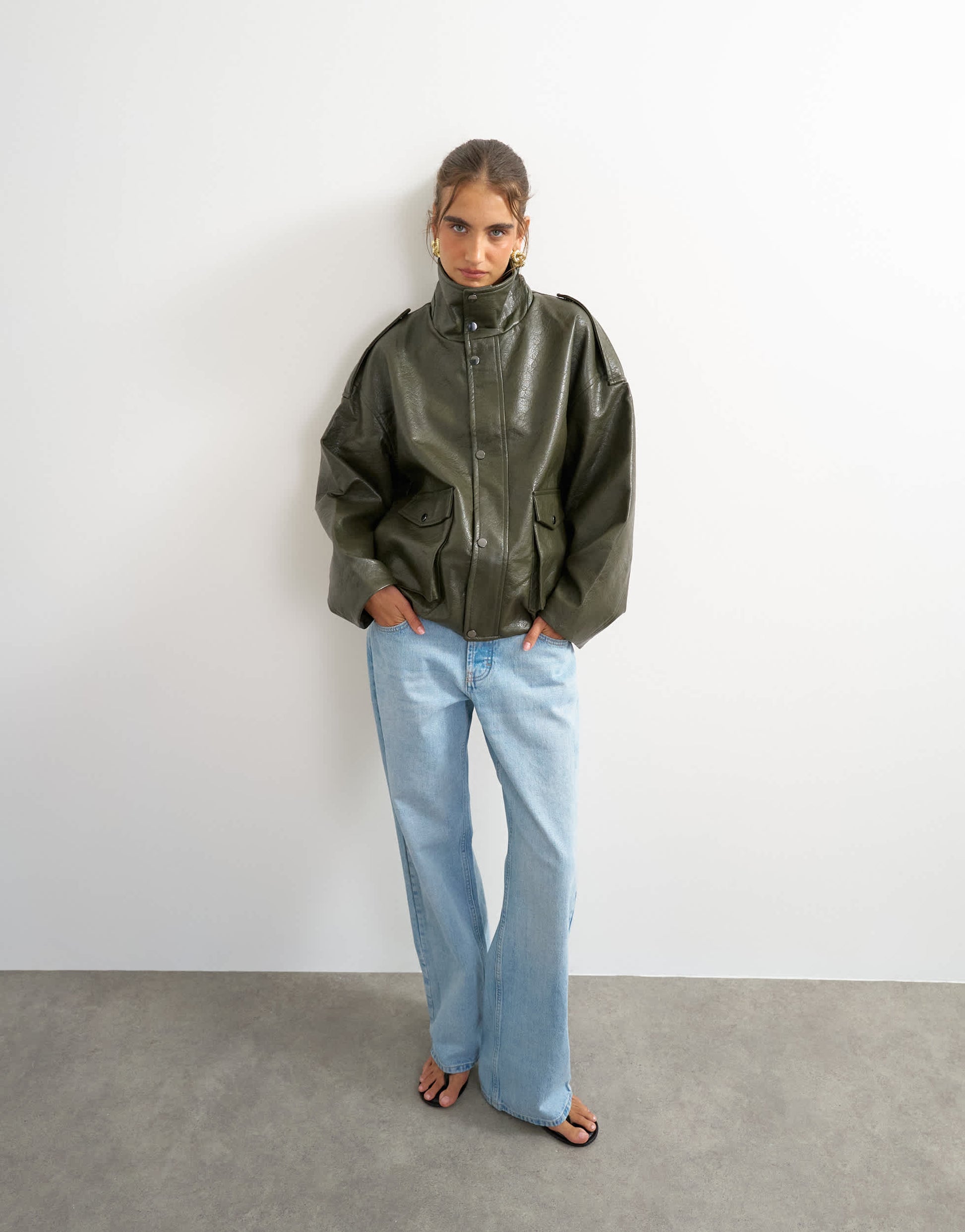 Topshop faux leather funnel neck drawstring bomber in green