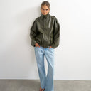 Topshop faux leather funnel neck drawstring bomber in green