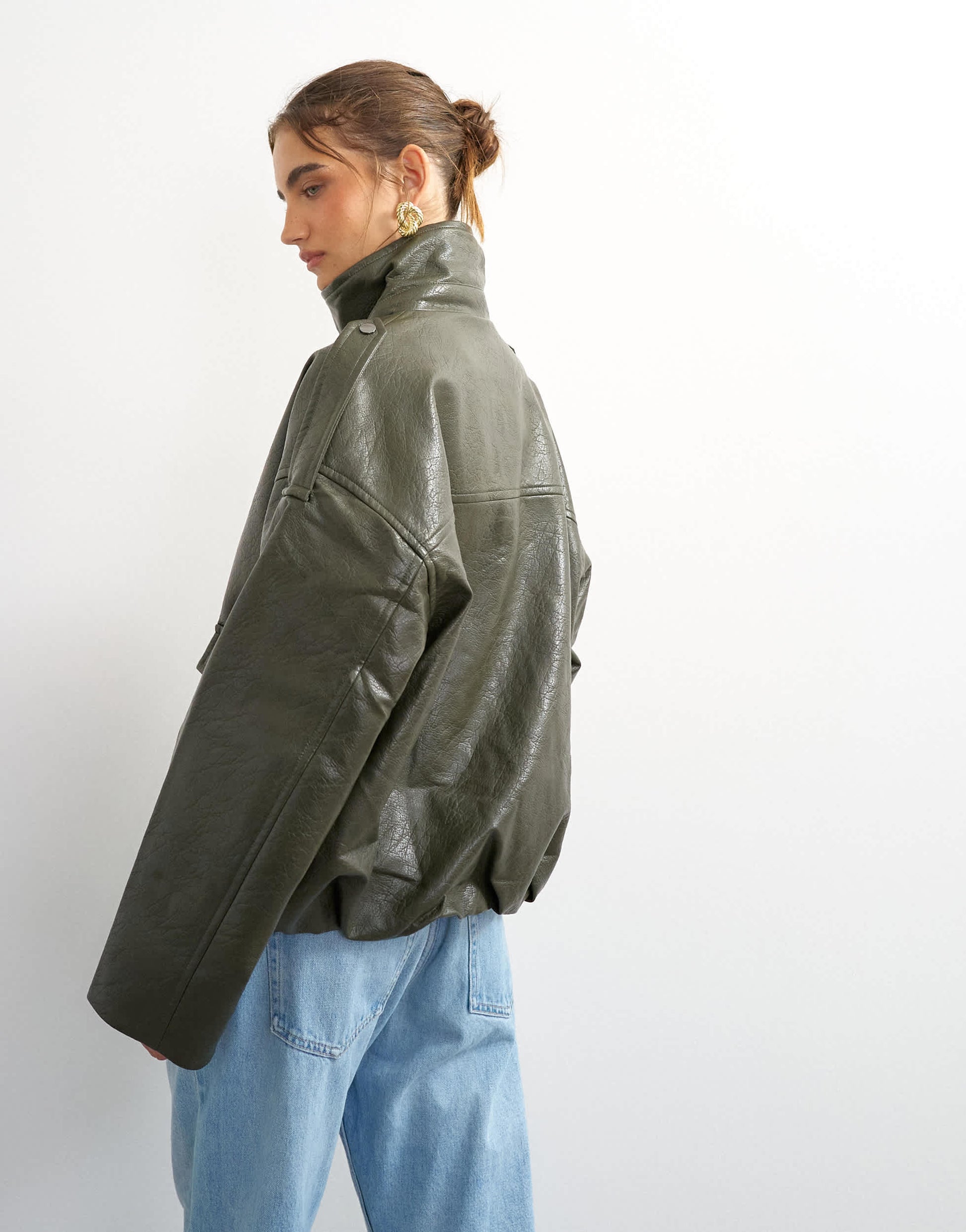Topshop faux leather funnel neck drawstring bomber in green