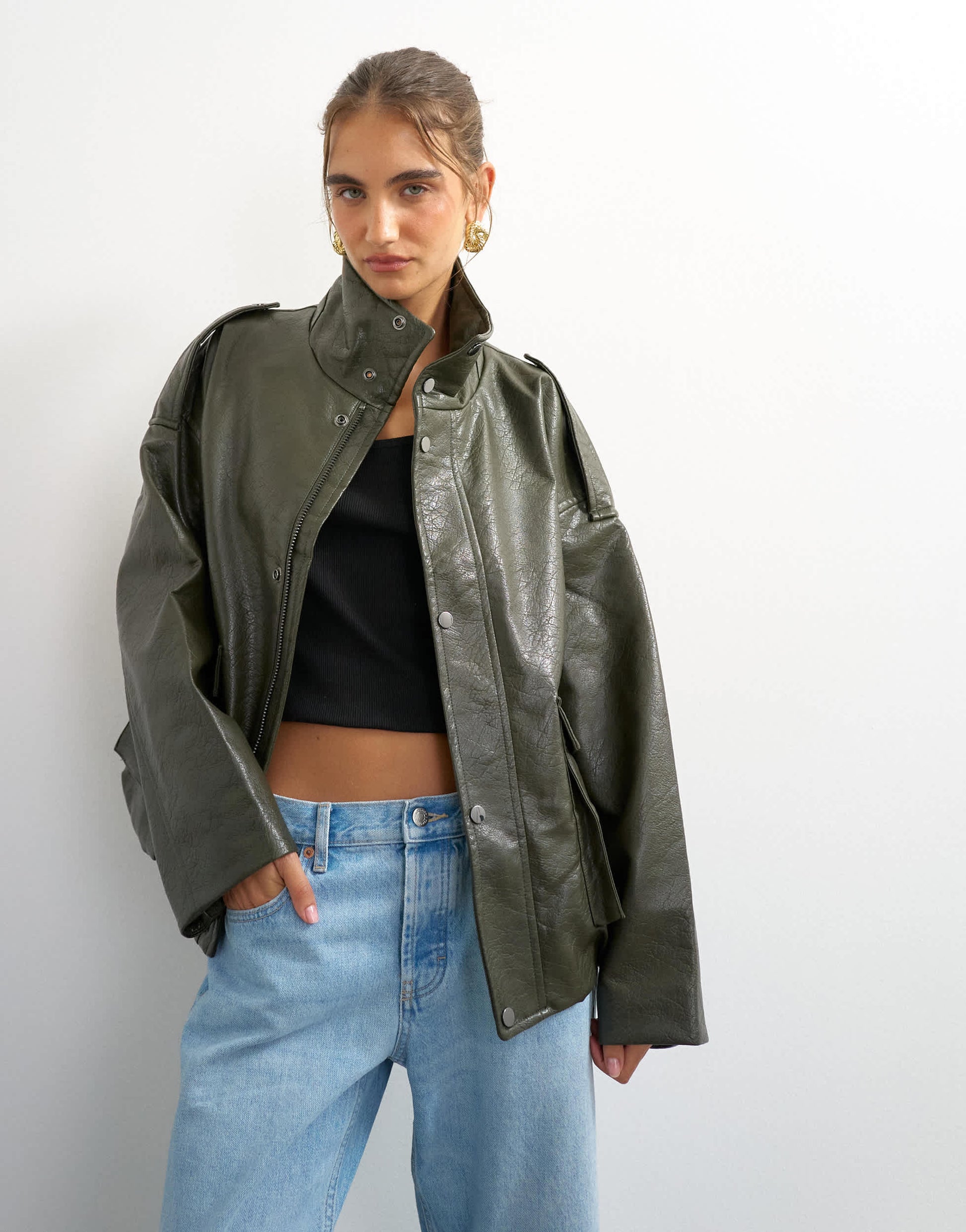 Topshop faux leather funnel neck drawstring bomber in green