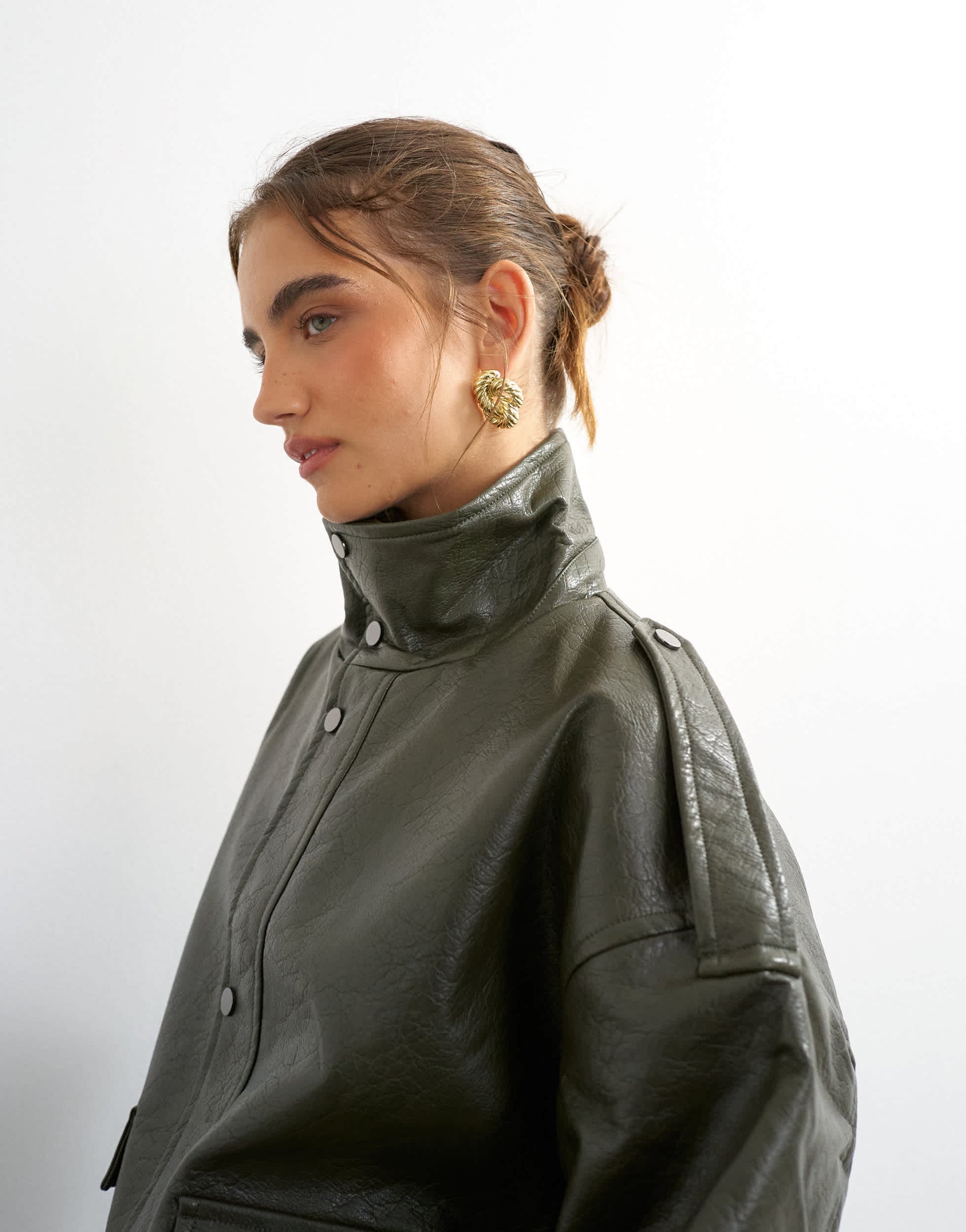 Topshop faux leather funnel neck drawstring bomber in green