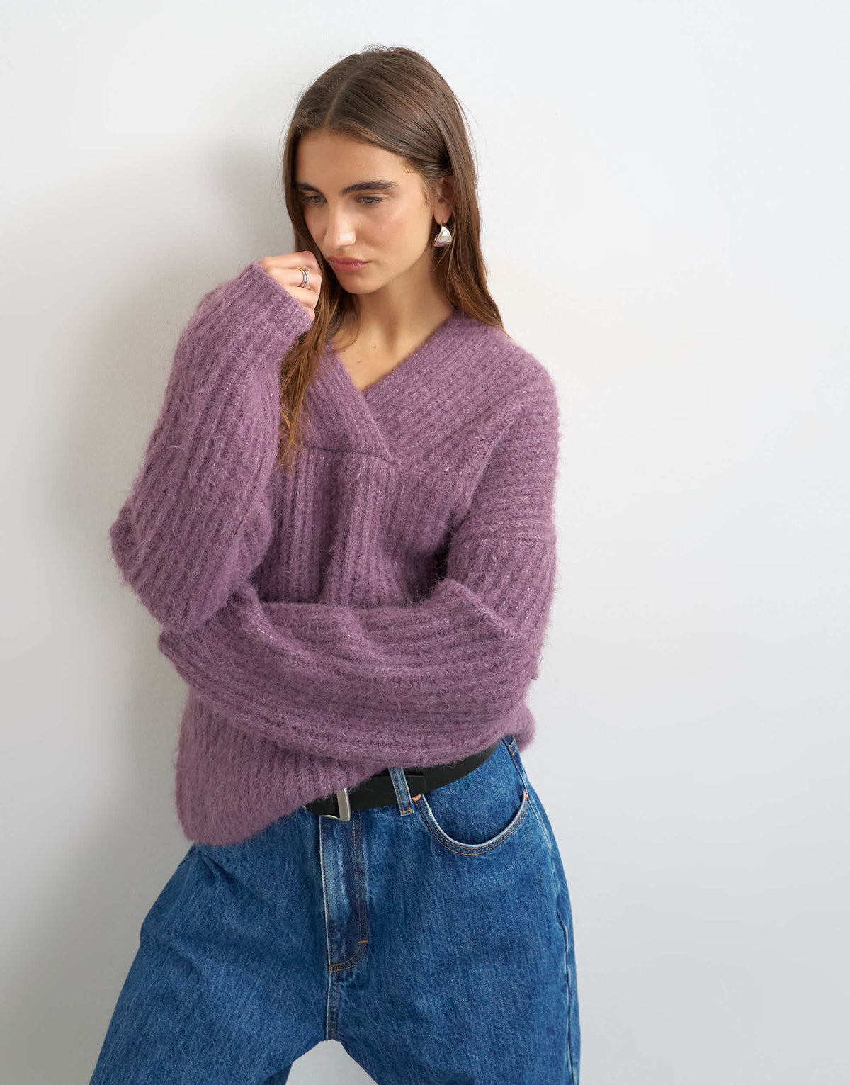 Topshop knitted chunky shawl collar jumper in bruised purple