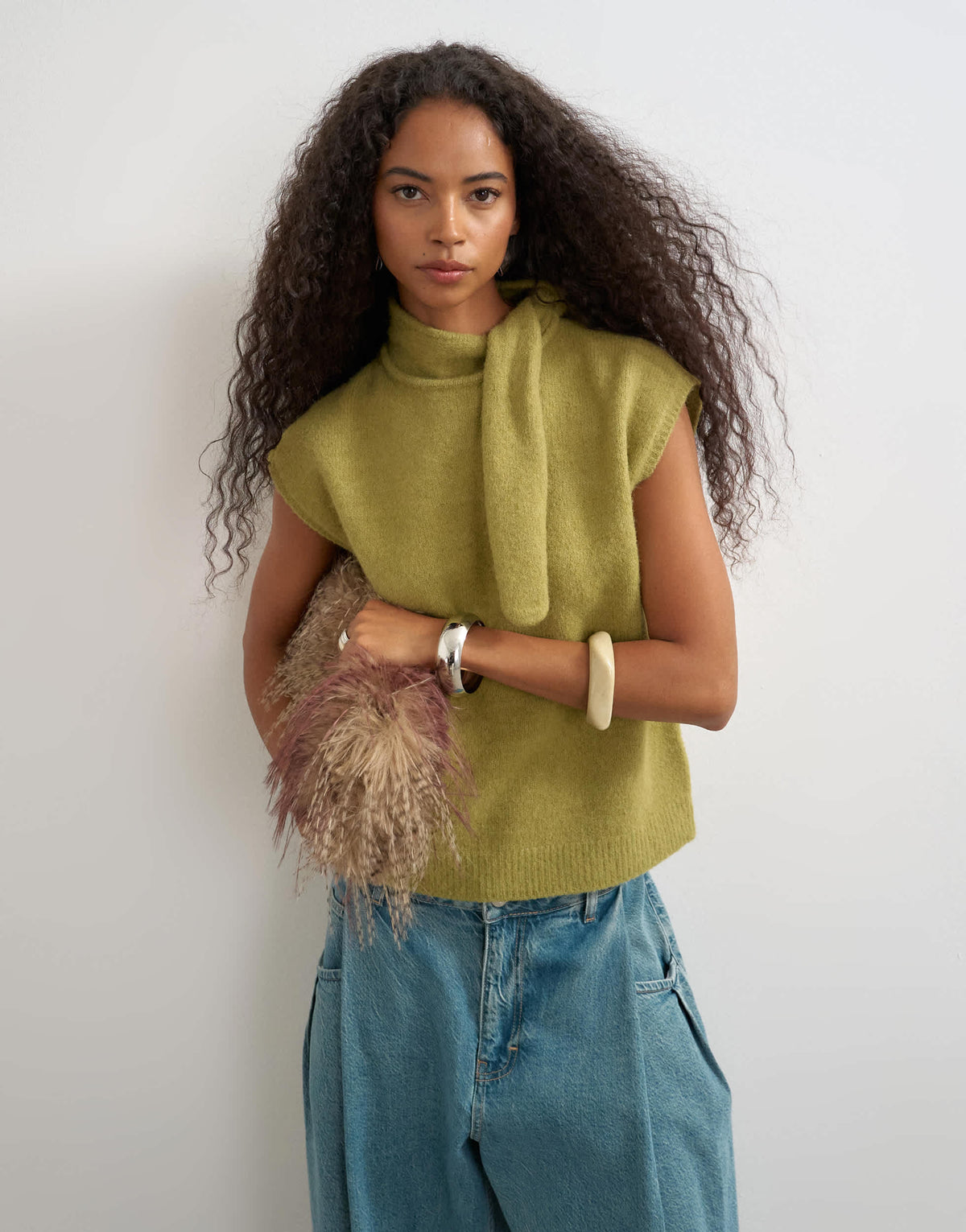 Topshop knitted tie neck top in green