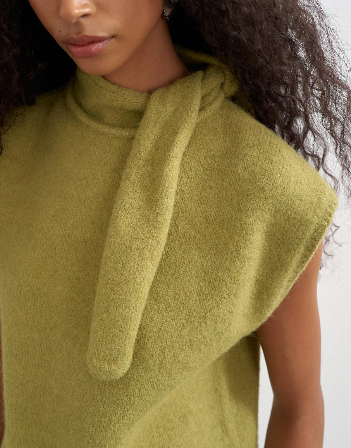 Topshop knitted tie neck top in green