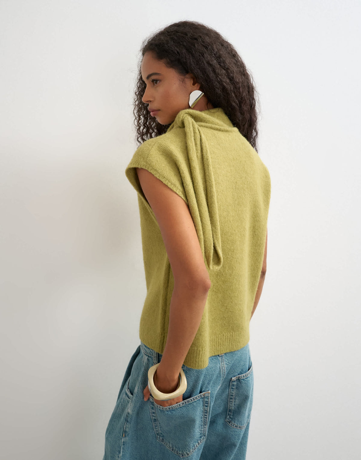 Topshop knitted tie neck top in green