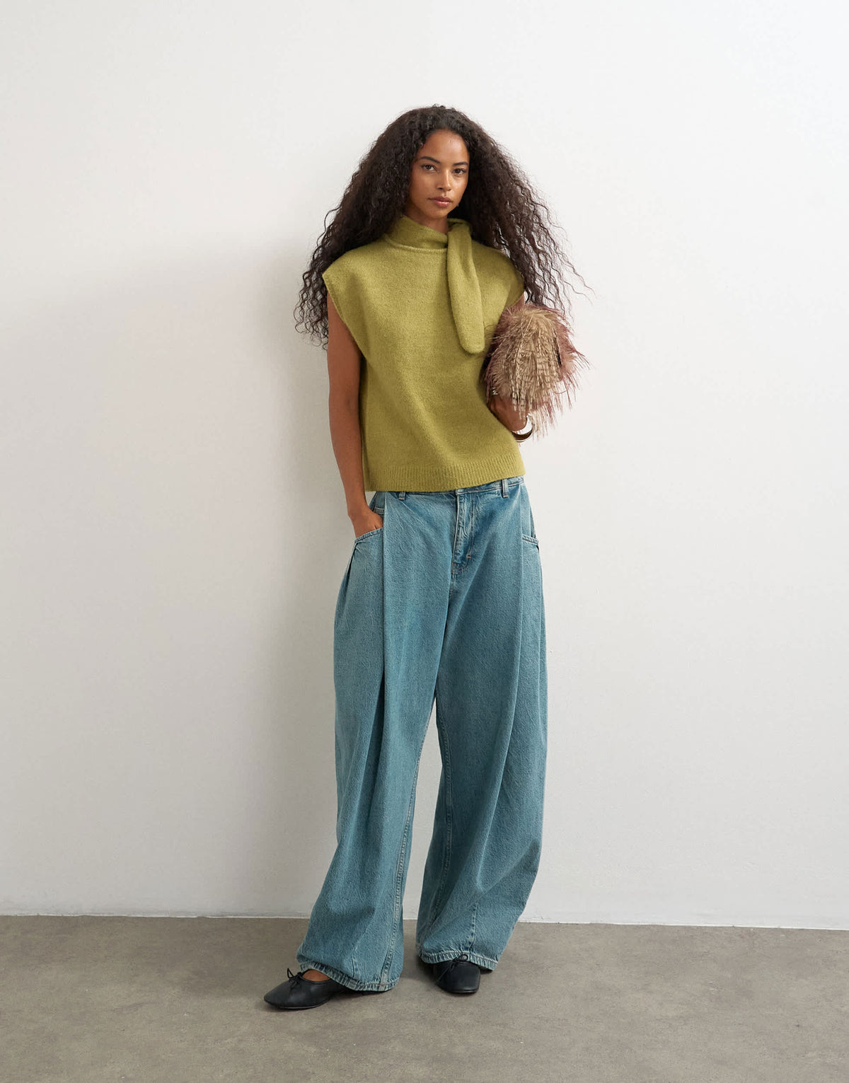 Topshop knitted tie neck top in green