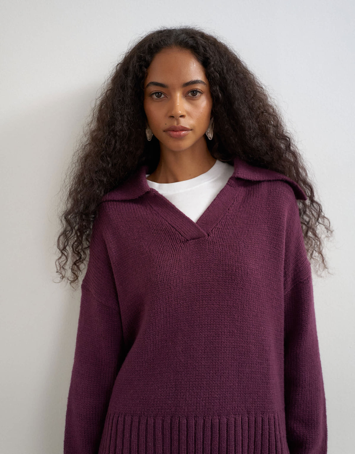 Topshop knitted curved hem collared polo jumper with wool in mulberry