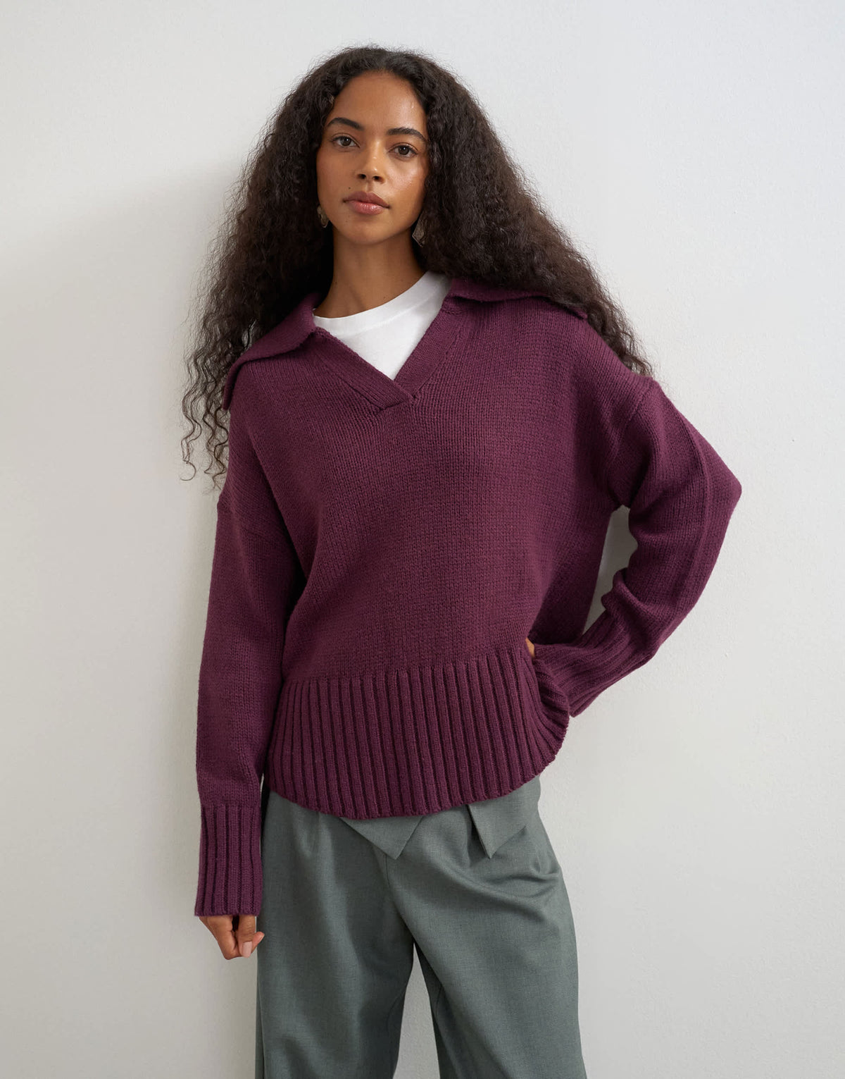 Topshop knitted curved hem collared polo jumper with wool in mulberry