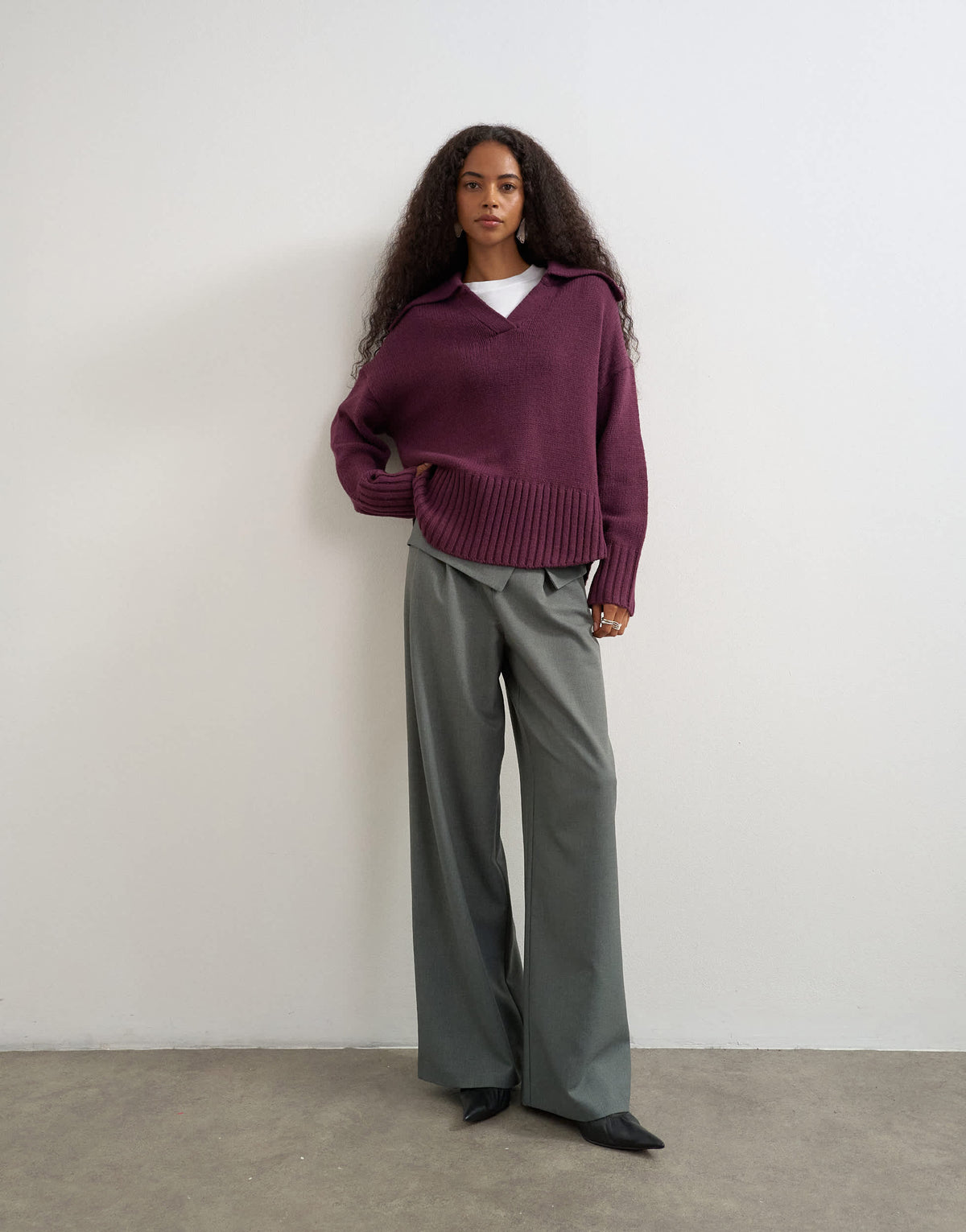 Topshop knitted curved hem collared polo jumper with wool in mulberry