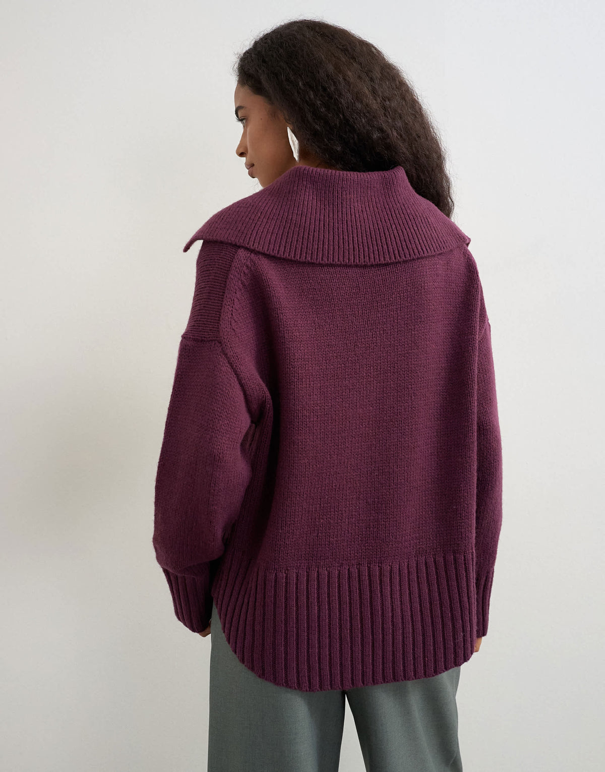 Topshop knitted curved hem collared polo jumper with wool in mulberry