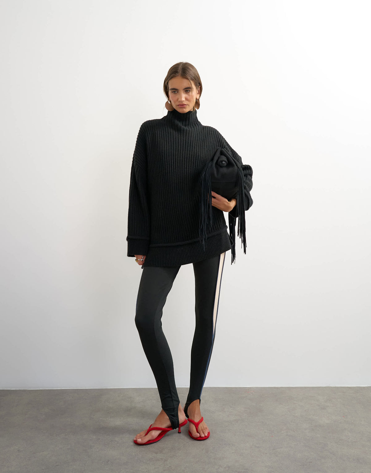 Topshop knitted high neck roll seam detail oversized jumper with wool in black