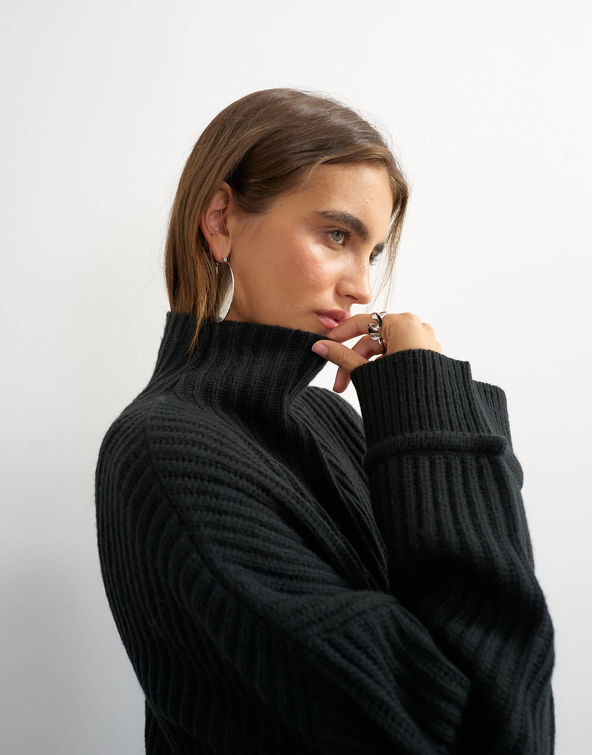 Topshop knitted high neck roll seam detail oversized jumper with wool in black