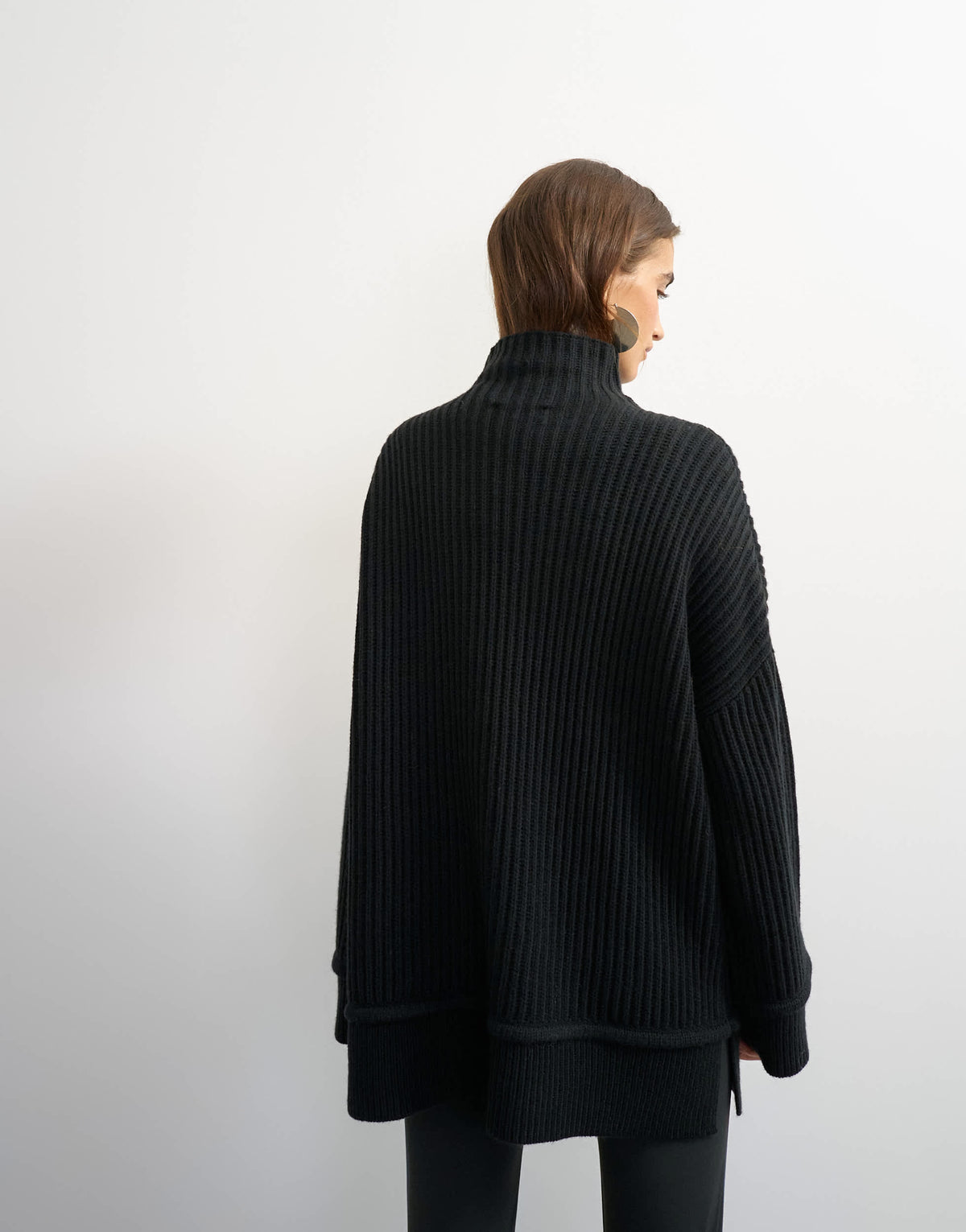 Topshop knitted high neck roll seam detail oversized jumper with wool in black