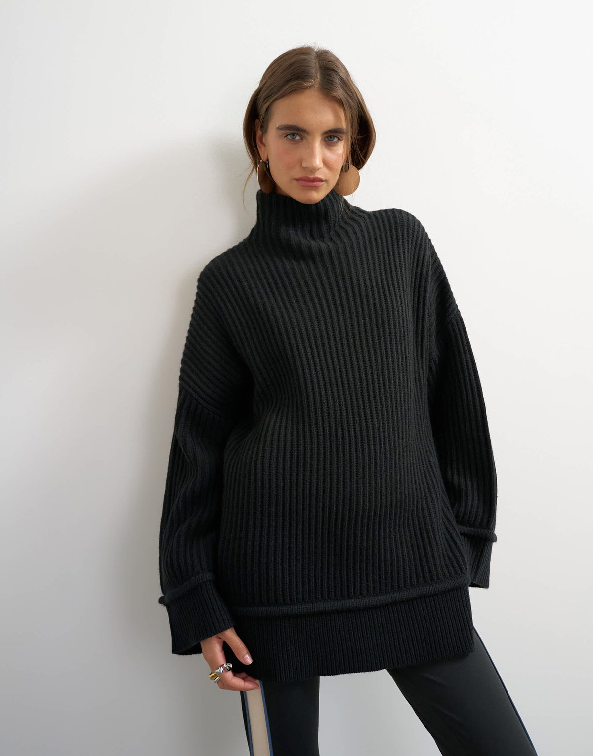 Topshop knitted high neck roll seam detail oversized jumper with wool in black