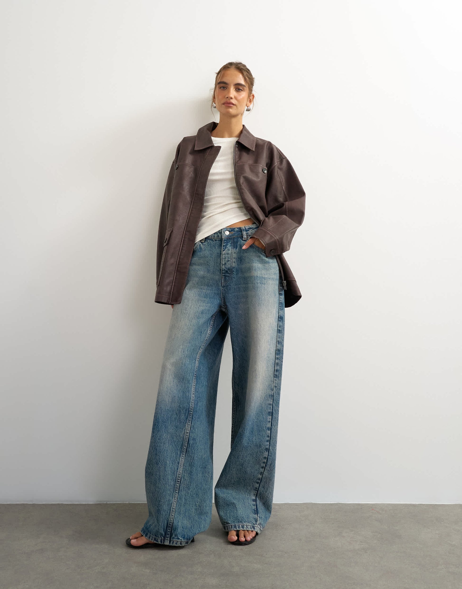 Topshop faux leather cinched jacket in washed brown