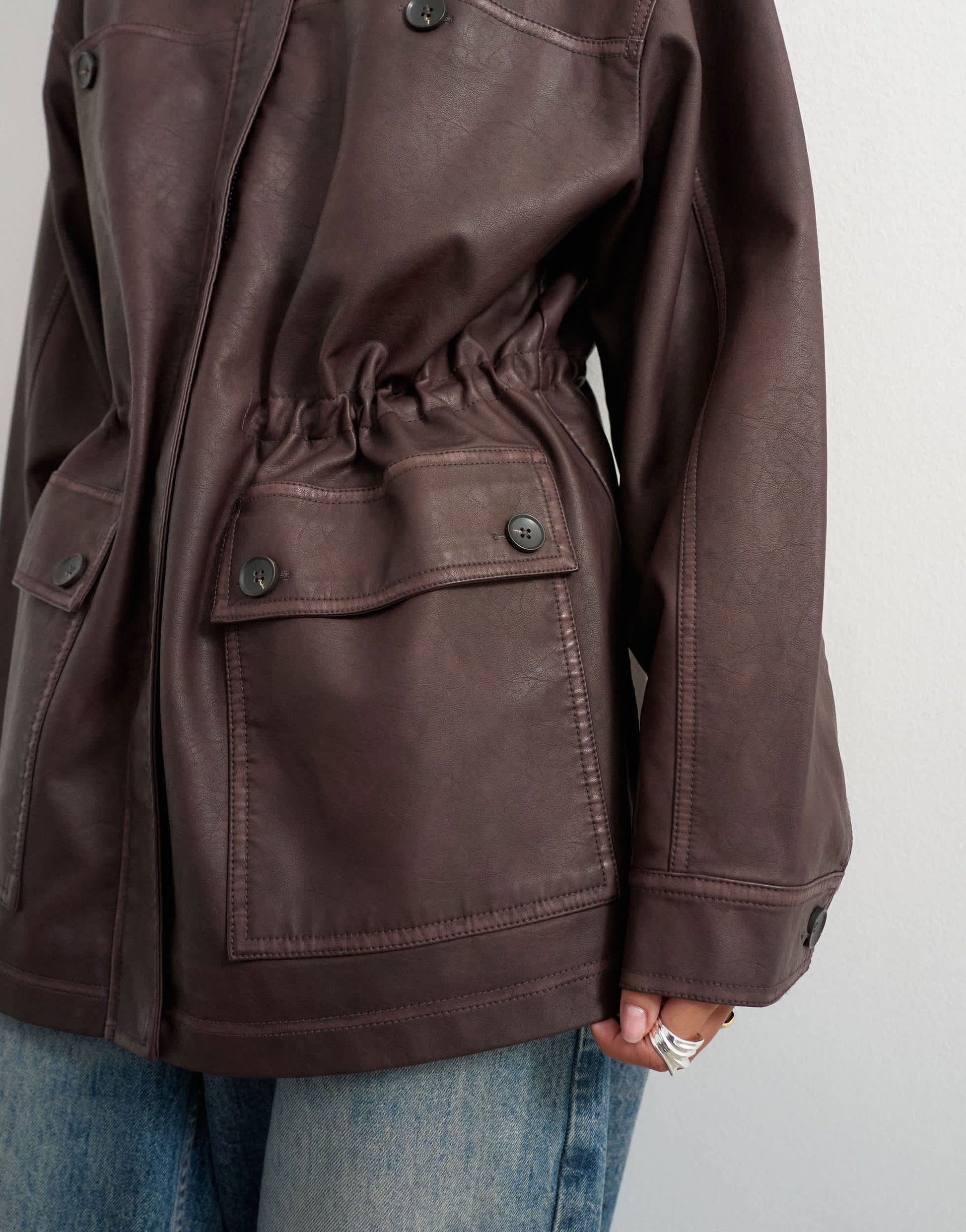 Topshop faux leather cinched jacket in washed brown