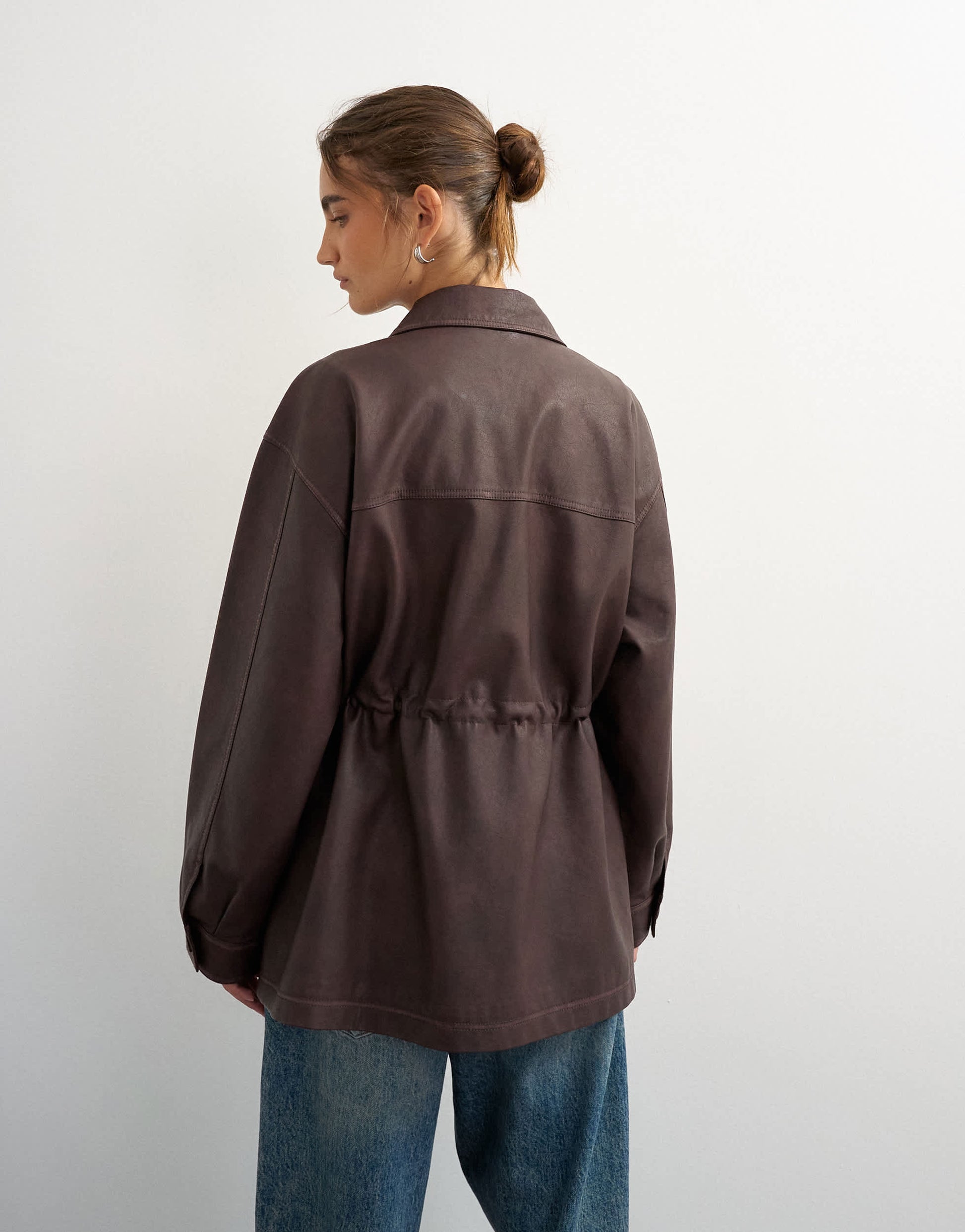 Topshop faux leather cinched jacket in washed brown