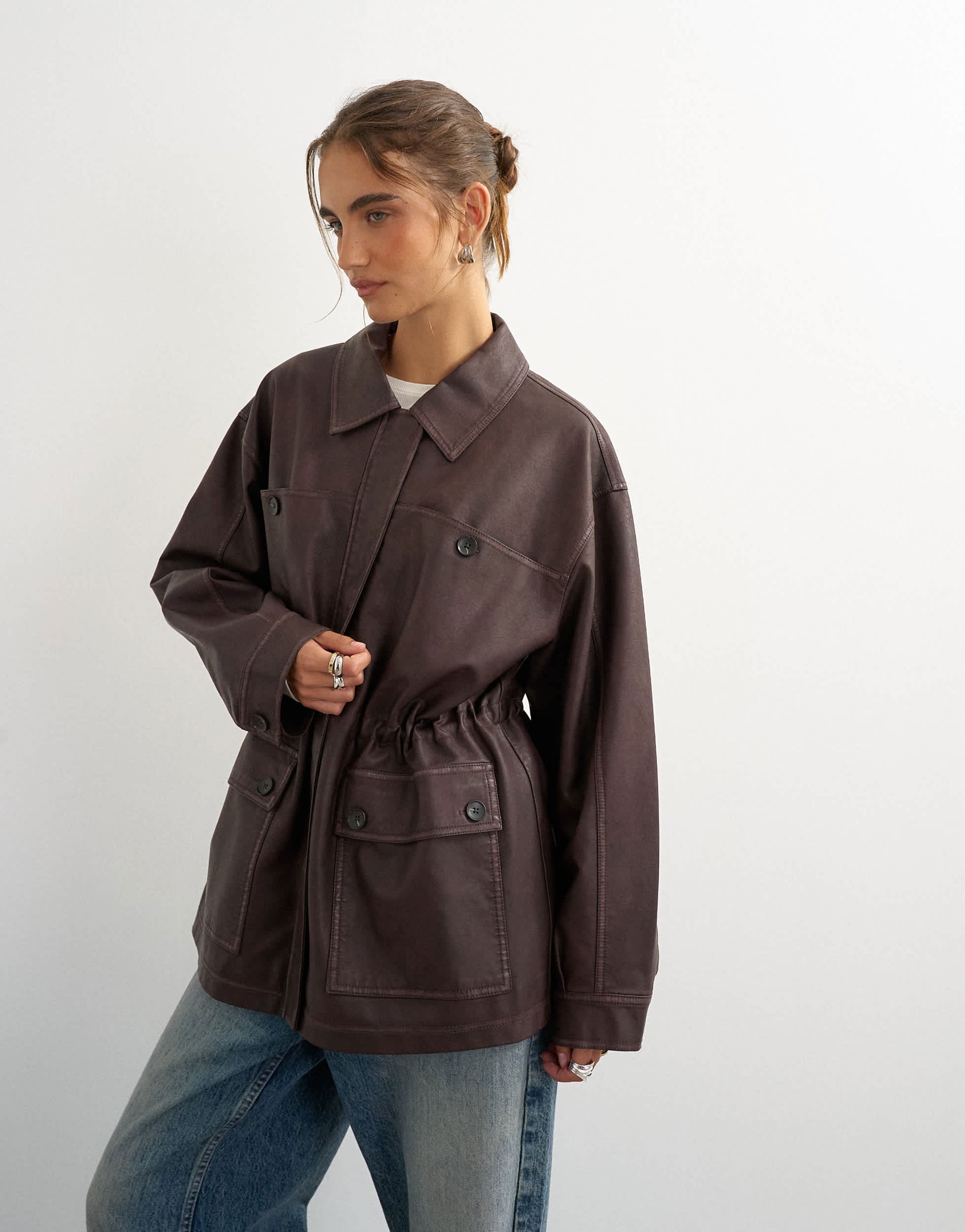 Topshop faux leather cinched jacket in washed brown