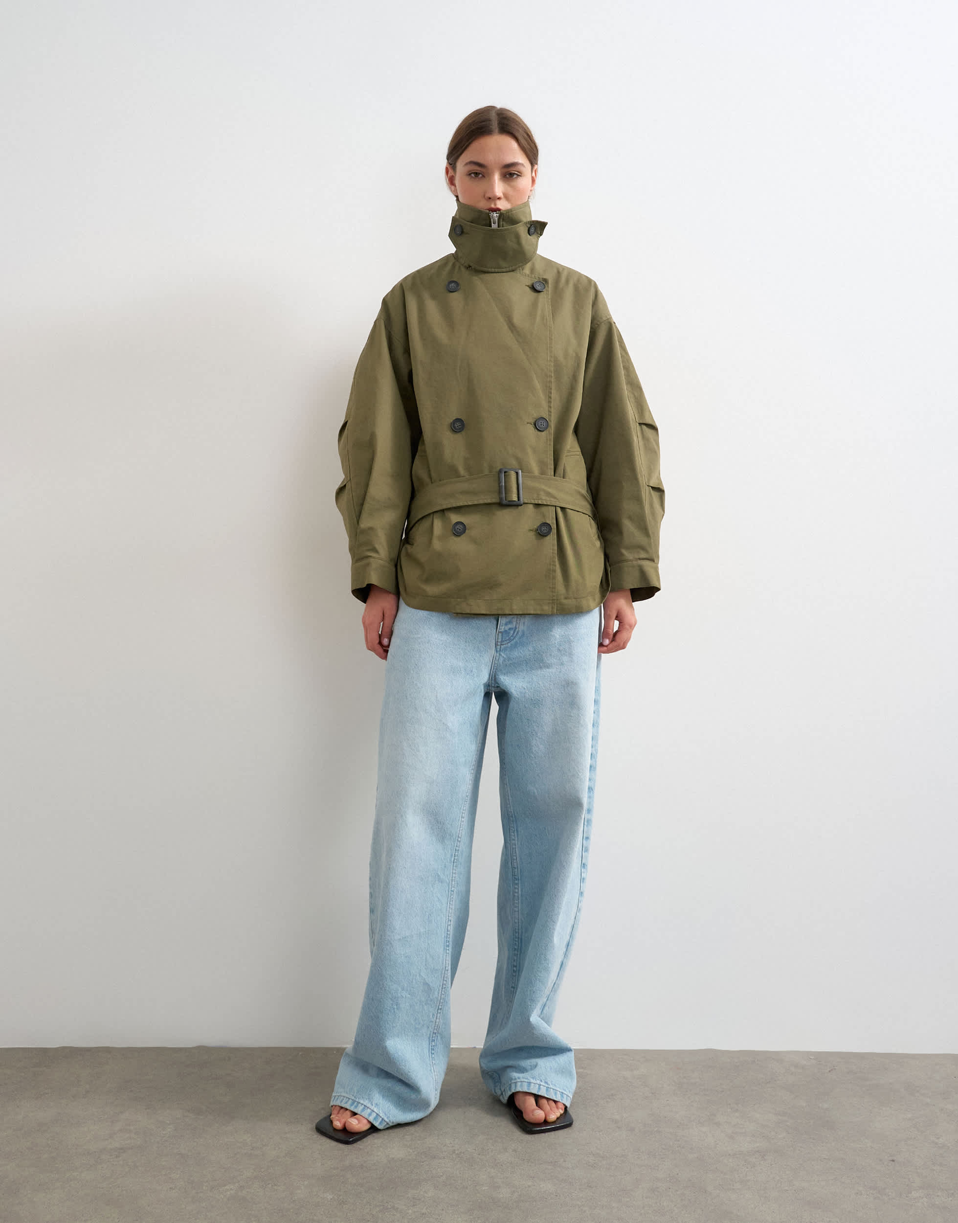 Topshop mid length oversized belted trench in green