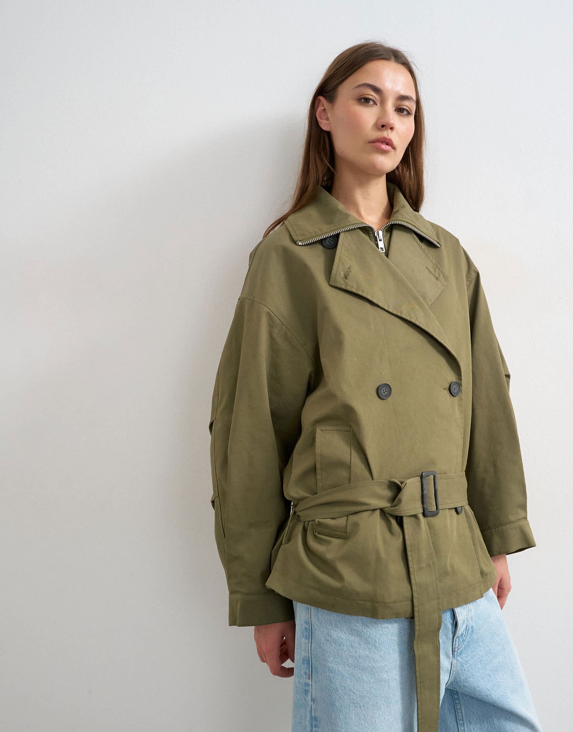 Topshop mid length oversized belted trench in green