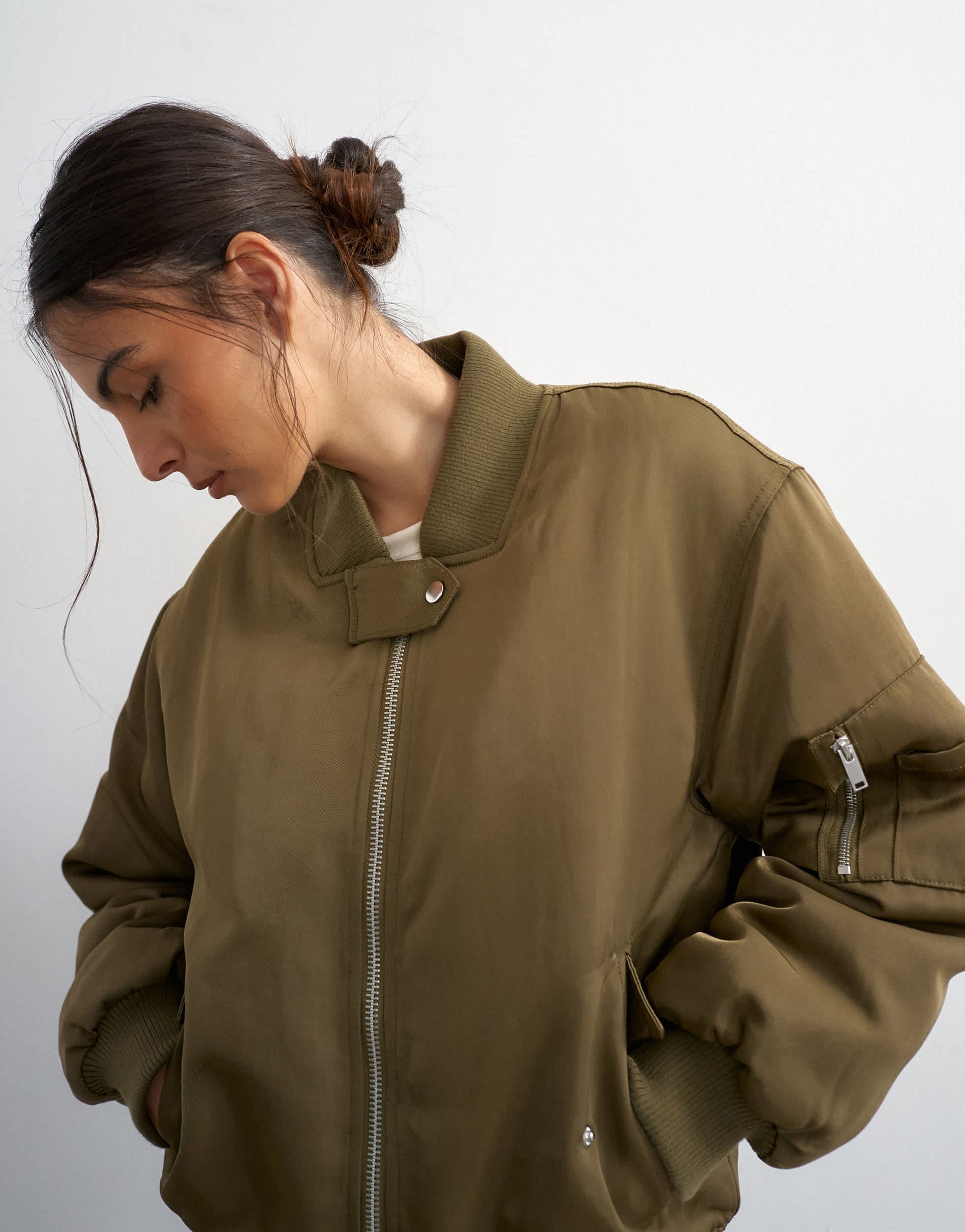 Topshop nylon bomber jacket in khaki