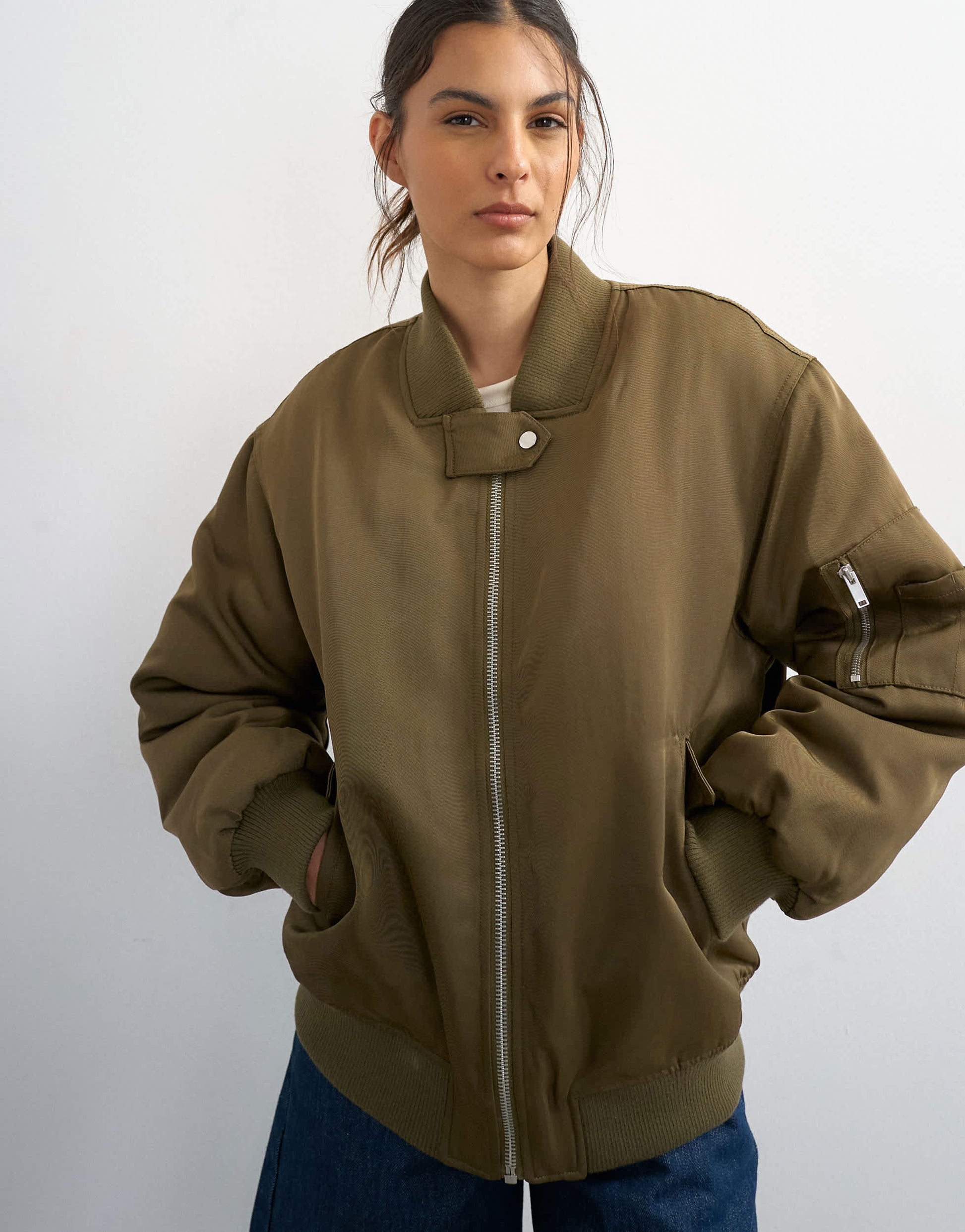 Topshop nylon bomber jacket in khaki